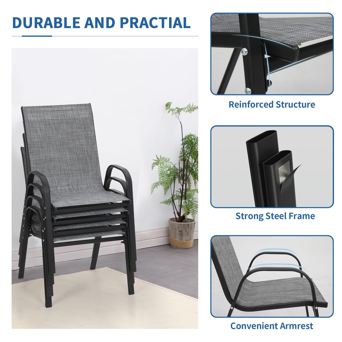 PIZZELLO Patio Chairs Set of 4, Outdoor Stackable Dining Chairs for All Weather, Lightweight Textilene Outdoor Chair Sets with Armrests, 300Lbs Capacity, for Backyard Porch Poolside Garden (Grey)