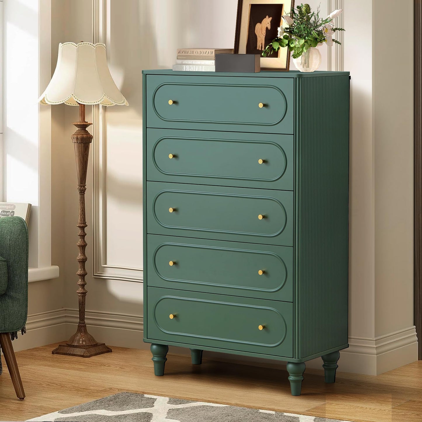 ORRD 5 Drawer Fluted Dresser for Bedroom, Mid Century Modern Chest of Drawers, Wood Storage Large Dresser Organizer for Bedroom Living Room Hallway Closet, Green