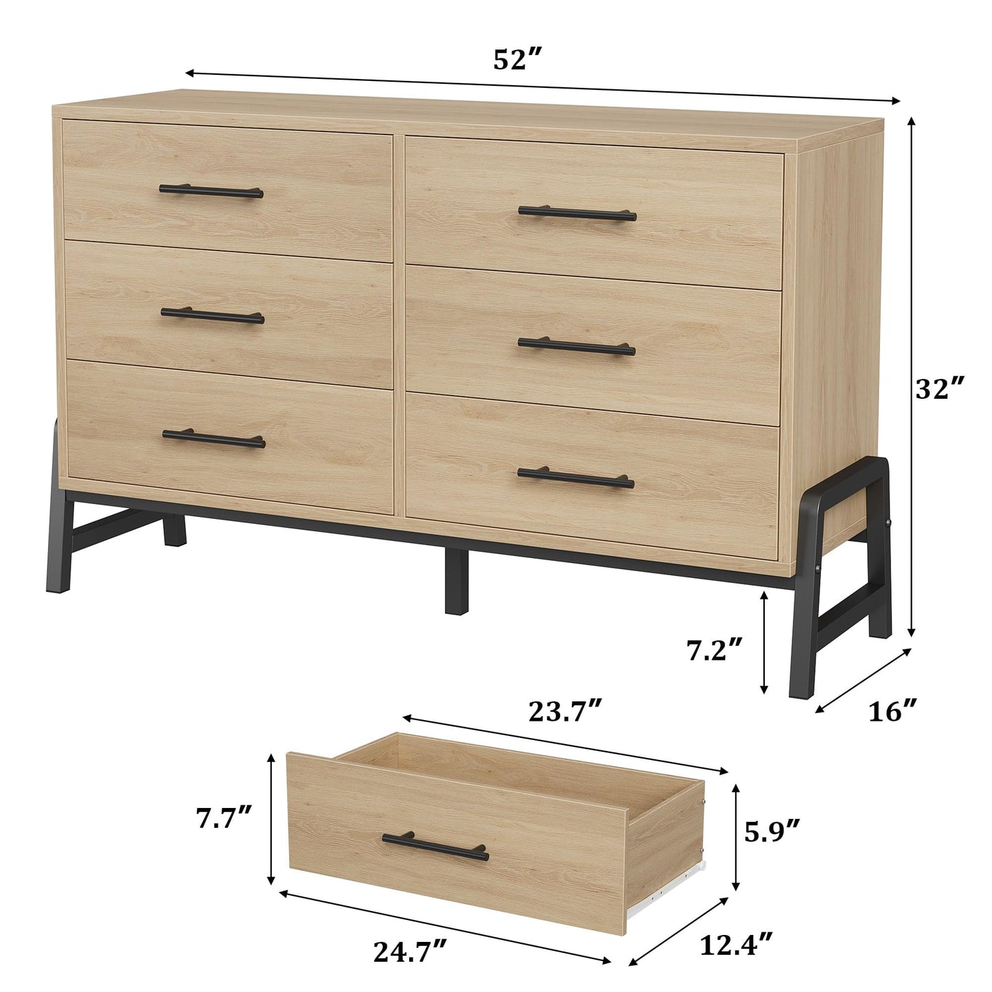 GarveeHome 6 Dresser for Bedroom, 52" Wide Drawer with Large Storage Space, Freestanding Wooden Closet Storage Dresser Chest for Living Room, Bedroom, Entryway, Natural Oak