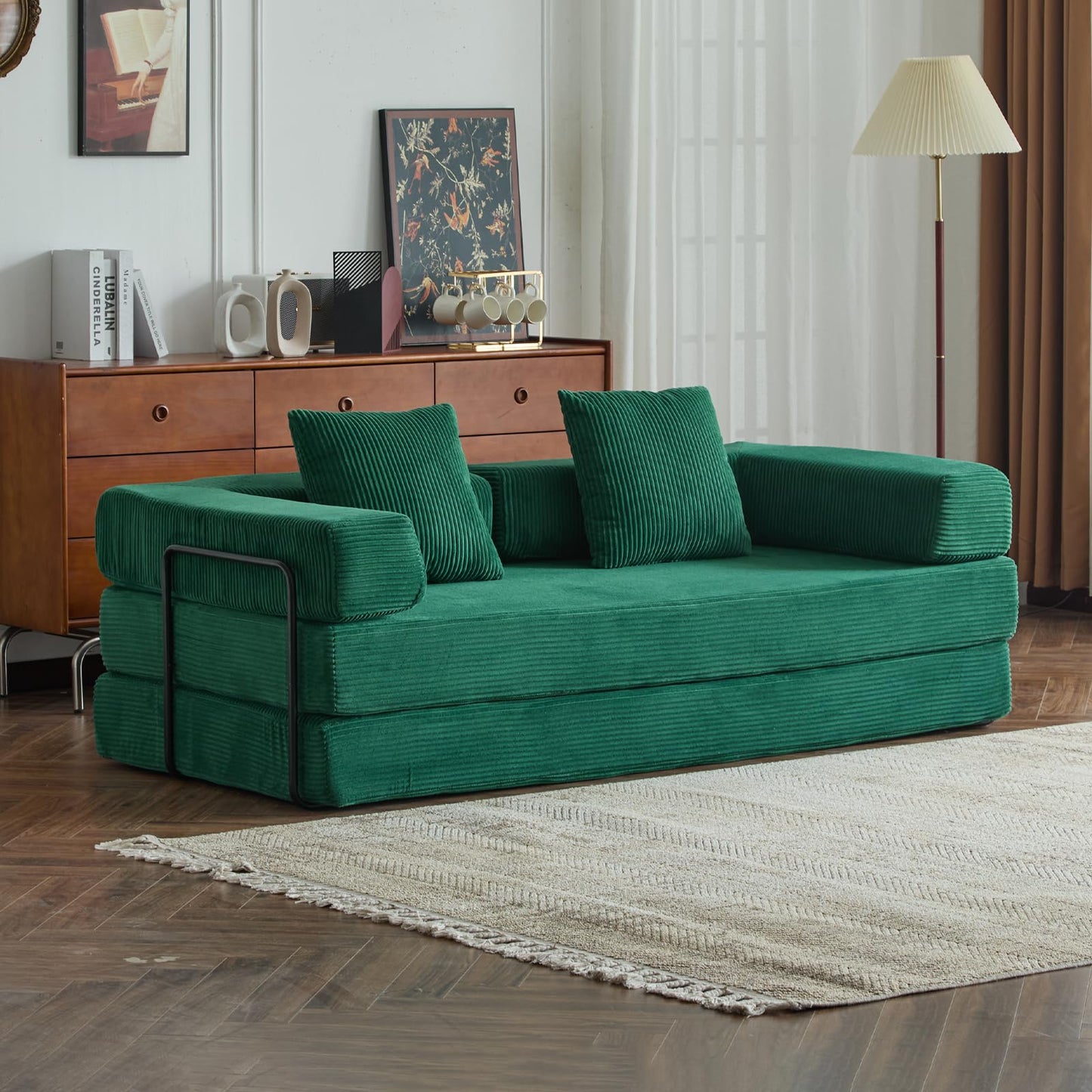 ETCZOYE Folding Sofa Bed, Modular Sectional Cloud Couch, Convertible Sleeper Sofa Bed with Pillow Back Support Armrest for Living Room Bedroom Lounge, No Assembly Required, Corduroy (Dark Green)