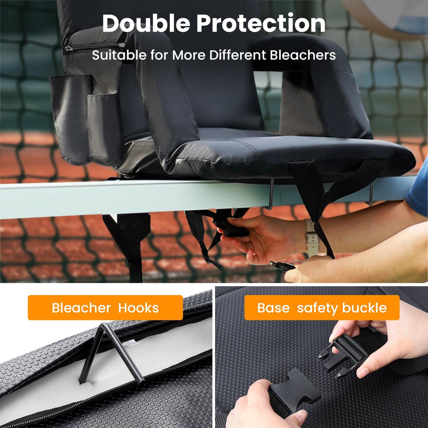 Stadium Seats with Back Support, 2 Pack Bleacher Chairs with Back and Cushion, Wide Bleacher Seat 6 Reclining Back, Folding Stadium Chairs with Armrests Hook Cupholder for Outdoor Sport Beach Concert