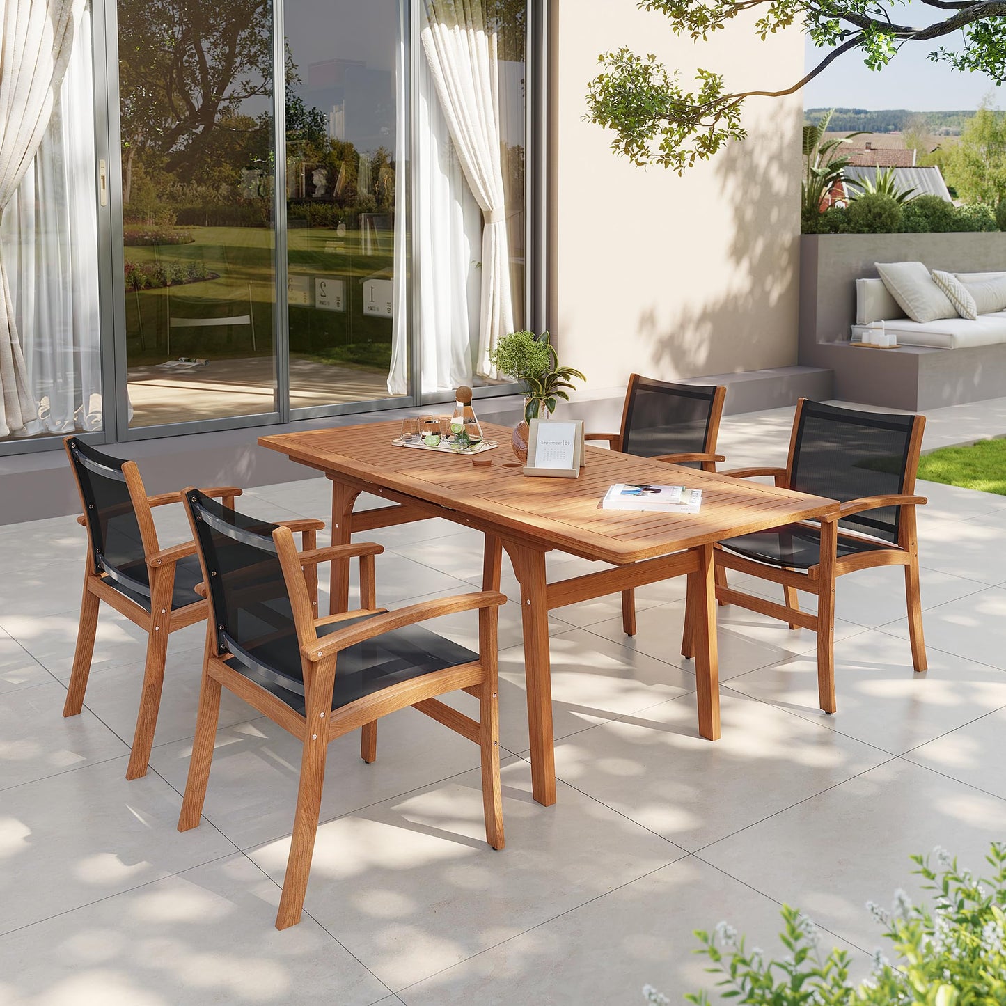 OC Orange-Casual Patio Furniture Set, Acacia Wood Patio Dining Set for 6-8, Outdoor Expandable Table and Chairs Set with Umbrella Hole and Breathable Textilene Fabric for Garden (Black, 5 Pieces)