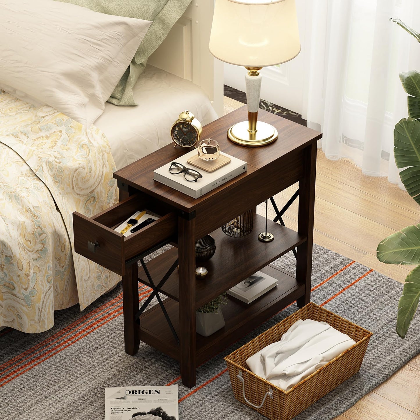 Awescuti Narrow End Table with Charging Station - Farmhouse Slim Side Table Set of 2, w/USB Ports Power Outlets, Nightstand w/Flip Top Storage Drawer, for Small Spaces Living Room Bedroom, Walnut