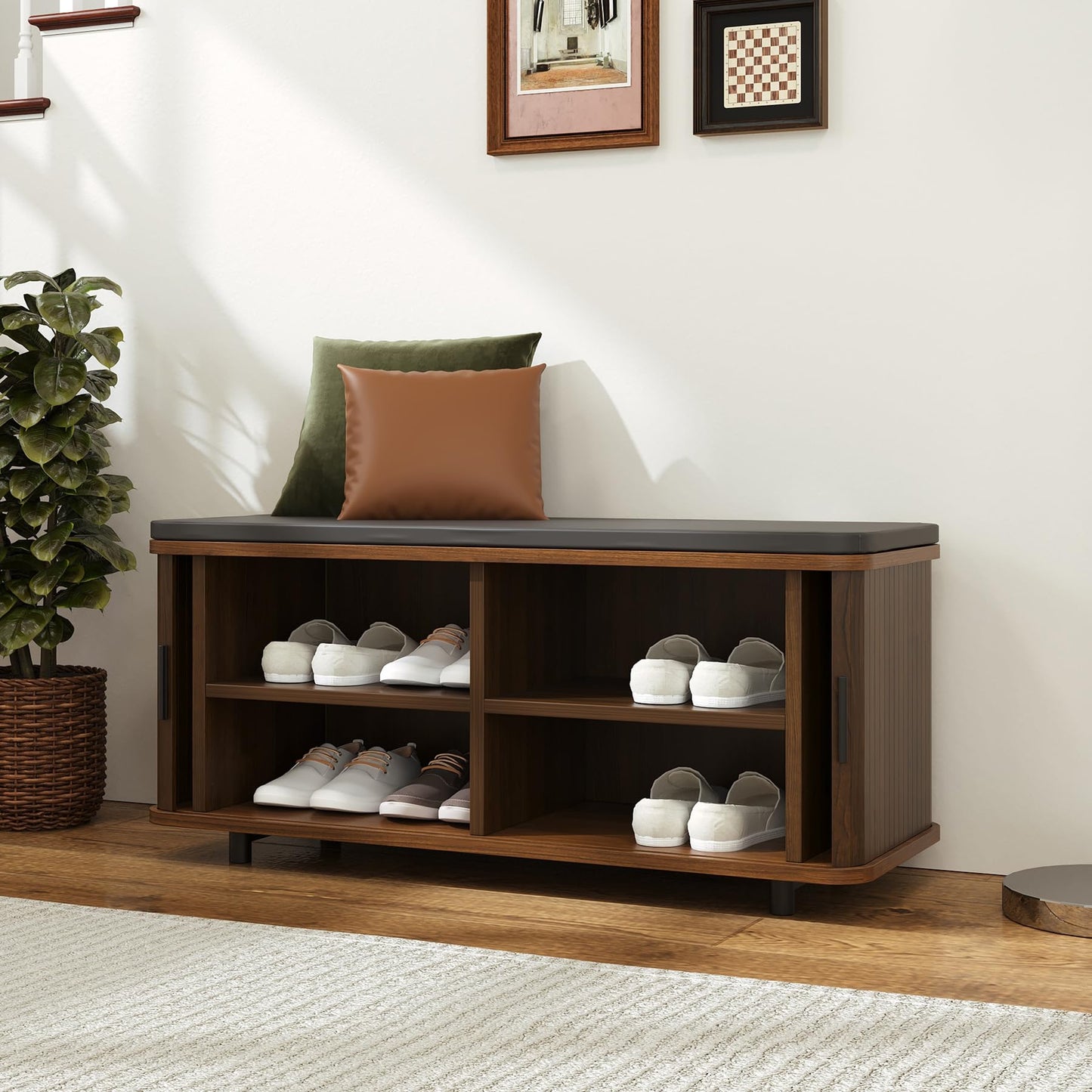 Shoe Storage Bench with Upholstered for Entryway Bedroom, 8 Pairs Wood Shoe Rack Benches with Padded Seat Cushion and Fluted Door for Living Room Hallway Entrance, Rustic Brown Black