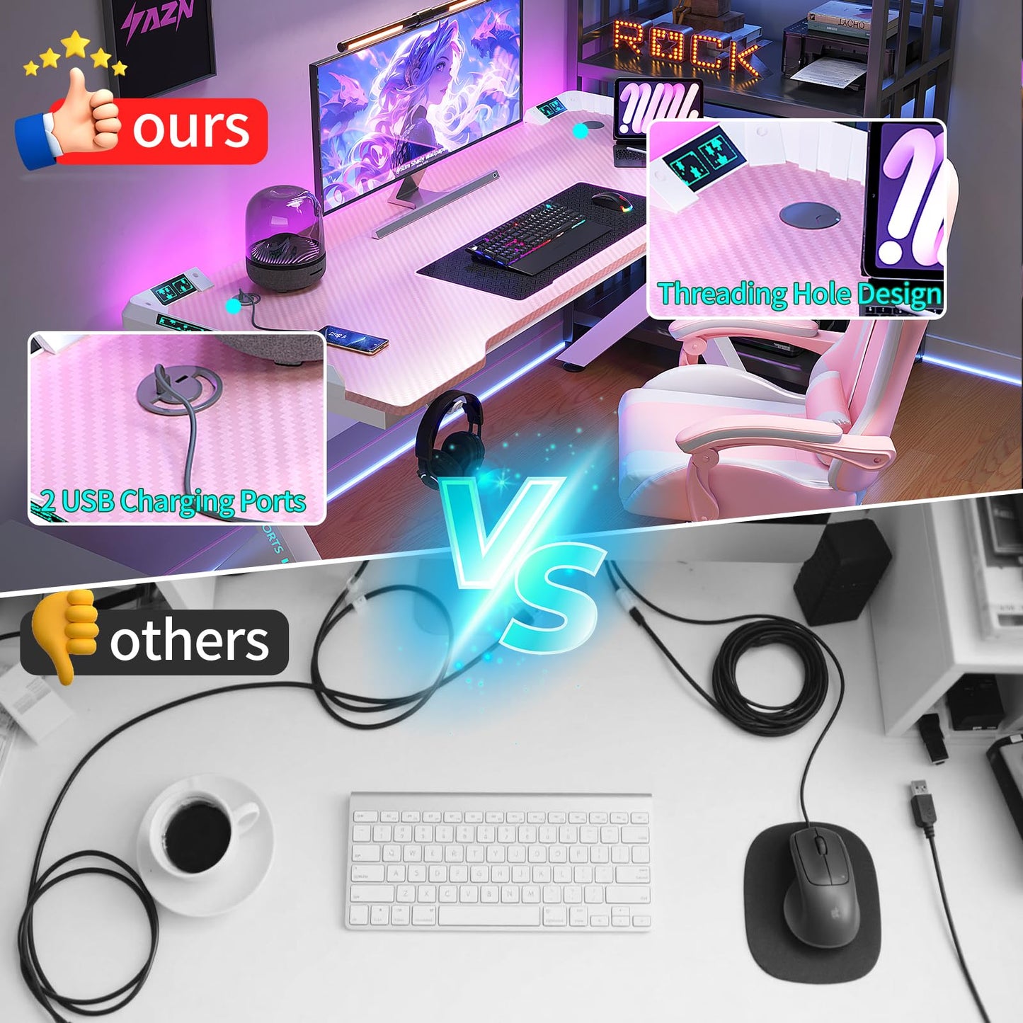 AZN Gaming Desk with LED Lights, Home Office Desks, Computer Desk Gaming Small Desk for Bedroom, Study Table with USB Charging Ports (Pink, 55 Inch)