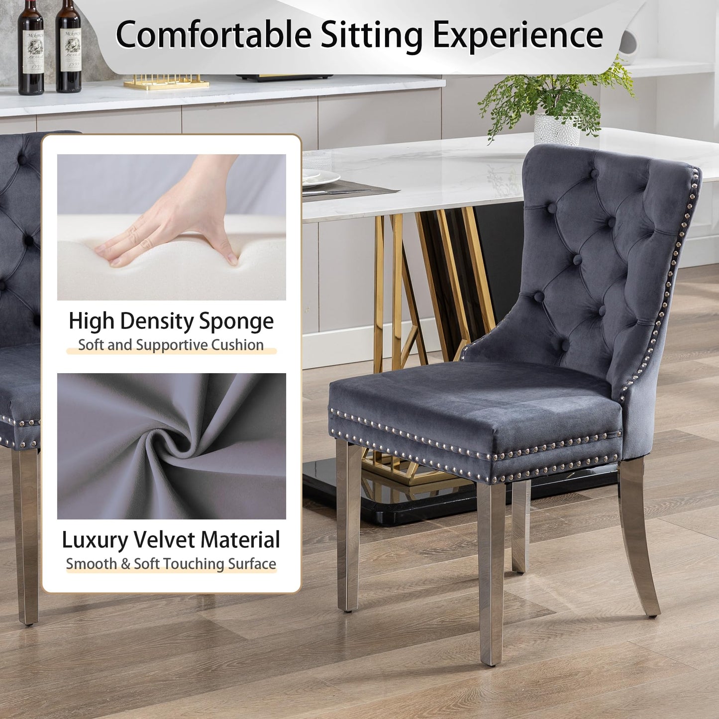 GOOLON Dining Room Chairs Set of 4, Tufted Velvet Chairs with Modern Stainless Steel Legs, Rivet Trim Metal Pull Ring Large Back for Kitchen Dining Room Restaurant, Dark Gray
