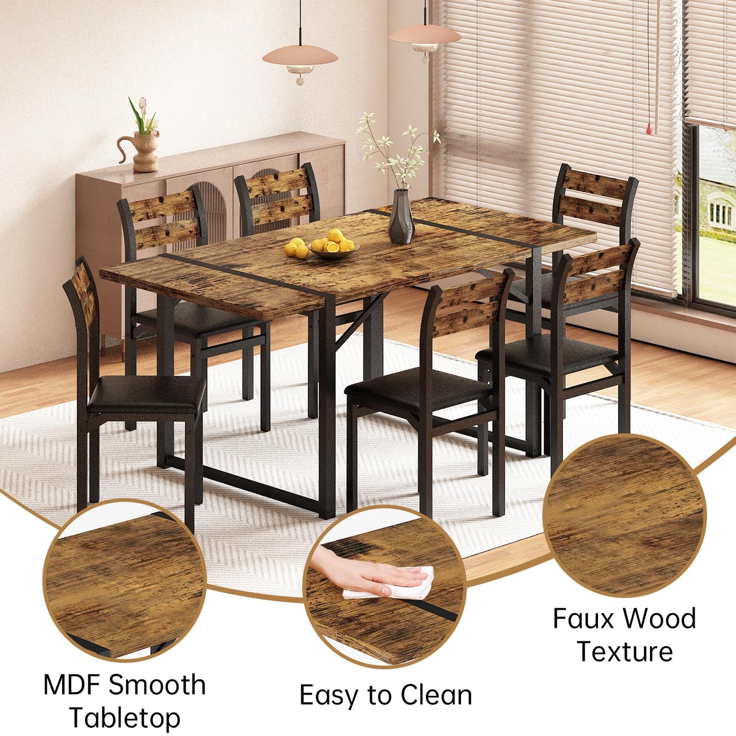 Recaceik Dining Table Set for 6, 55‘’ Wooden Dinner Table Set for 6 with Upholstered Dining Room Chairs, Farmhouse Kitchen Table and Chairs