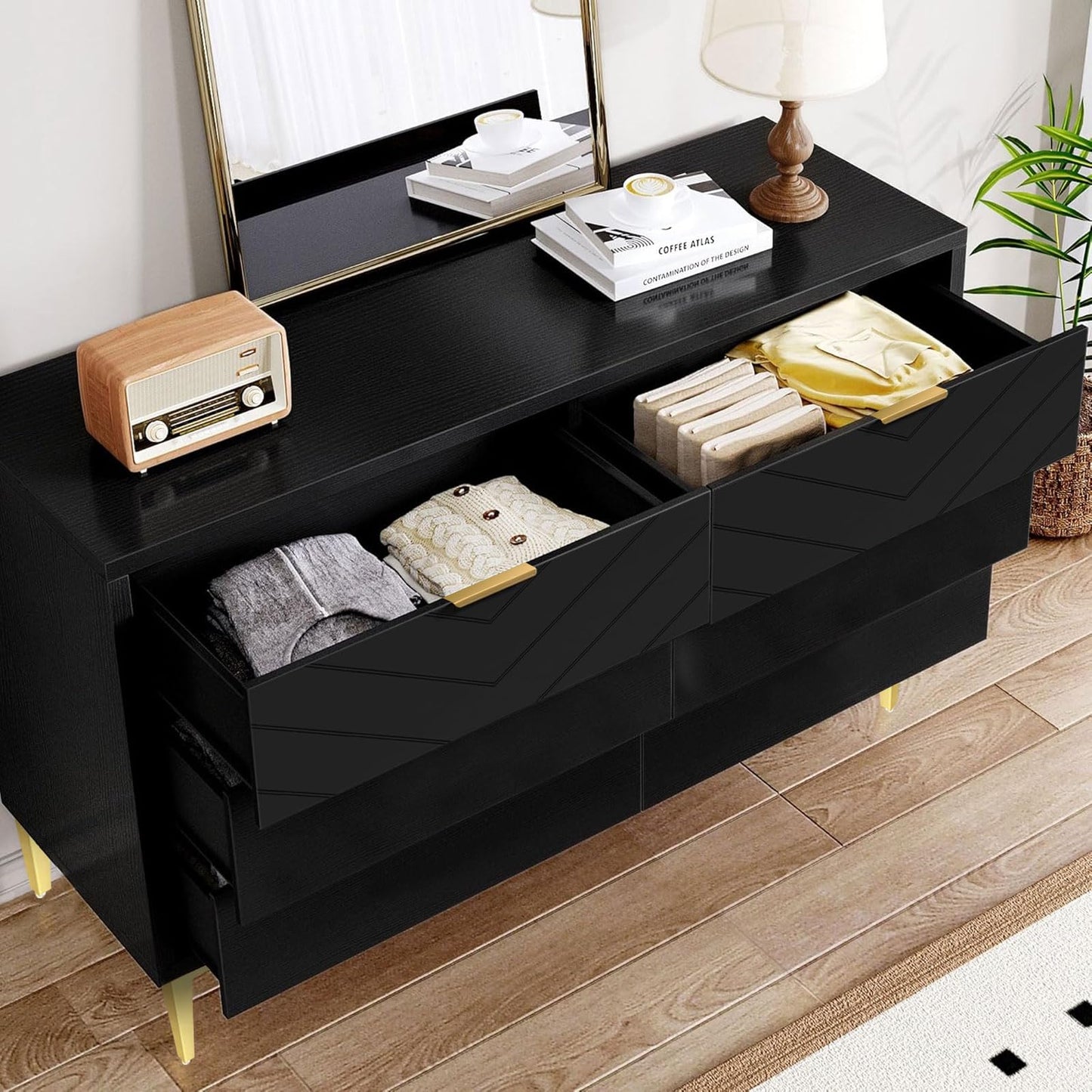 MAIYORIAT 6 Drawers Dresser for Bedroom, Modern Black Chest of Drawers Storage Chest Double Dresser Horizontal Dressers for Bedroom, Living Room, Entryway, Large Capacity (Black)