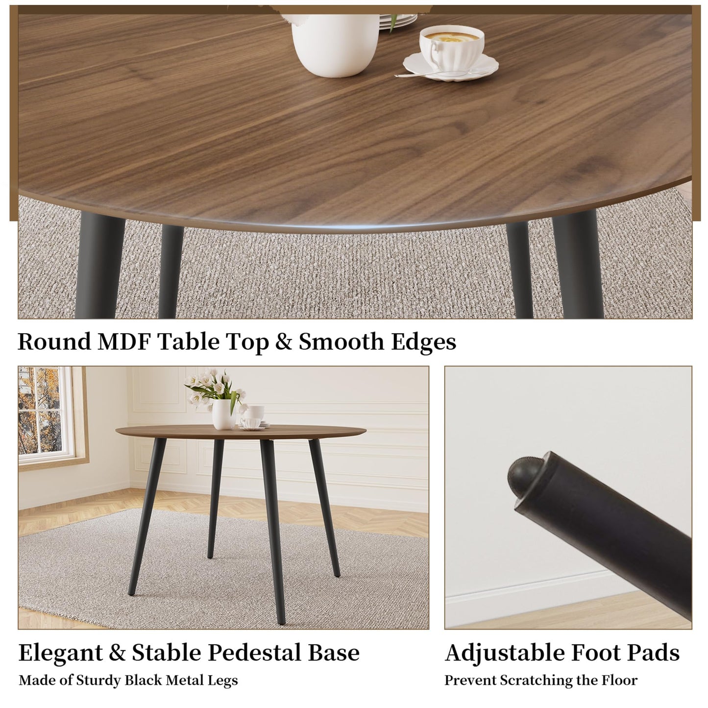 HIPIHOM 43.3 Inch Round Dining Table Set for 4, Modern Small Kitchen Coffee Set for Dining Room Kitchen Apartment (Walnut Table + 4 Brown Chairs)