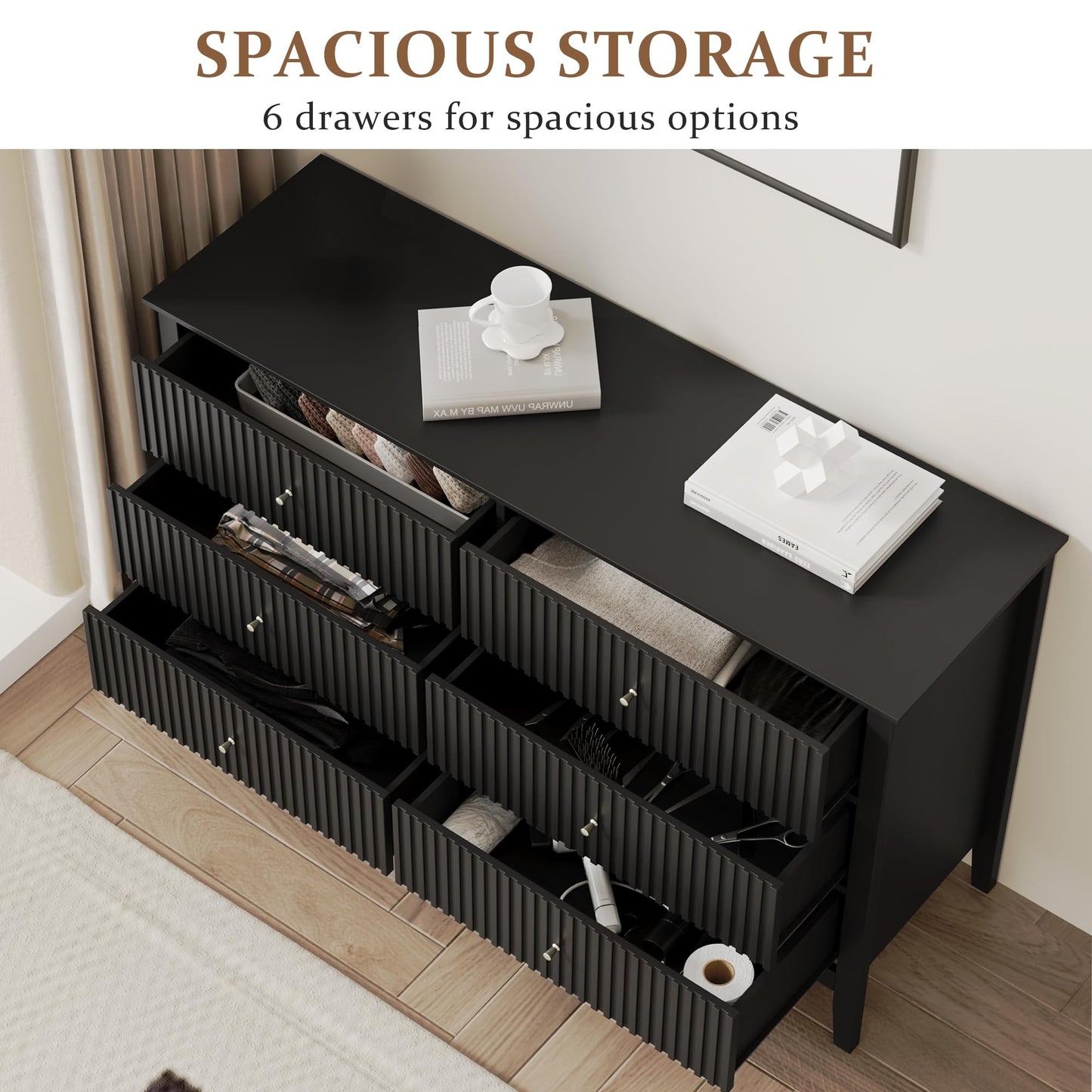 RoyalCraft Black 6 Drawer Dresser, Fluted Modern Wood Dresser, Double Chest of Drawers for Bedroom, TV Stand Storage Cabinet for Living Room