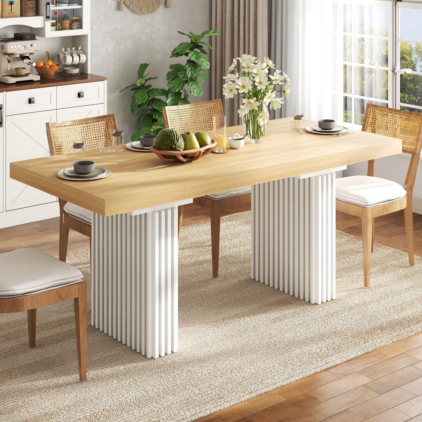 Gyfimoie 71" Large Dining Table for 6-8,Modern Rectangle Kitchen Table with Strip Base,Wood Dining Room Tables with Heavy Duty Legs for Kitchen, Dining Room (Natural)