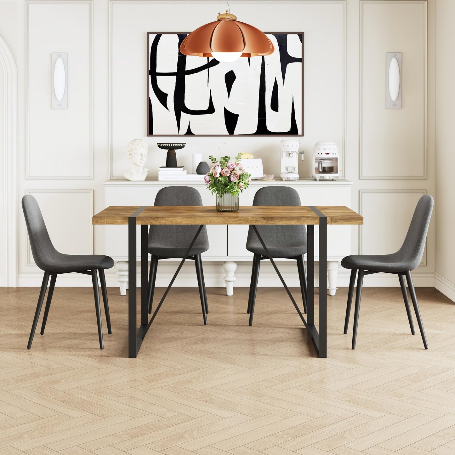 Ganooly Rustic 5 Piece Dining Room Table Set for 4 People, Mid Century Modern 55 Inch Rectangle Wood Kitchen Dining Table with 4 Fabric Chairs Set, Suitable for Kitchen Dining Room