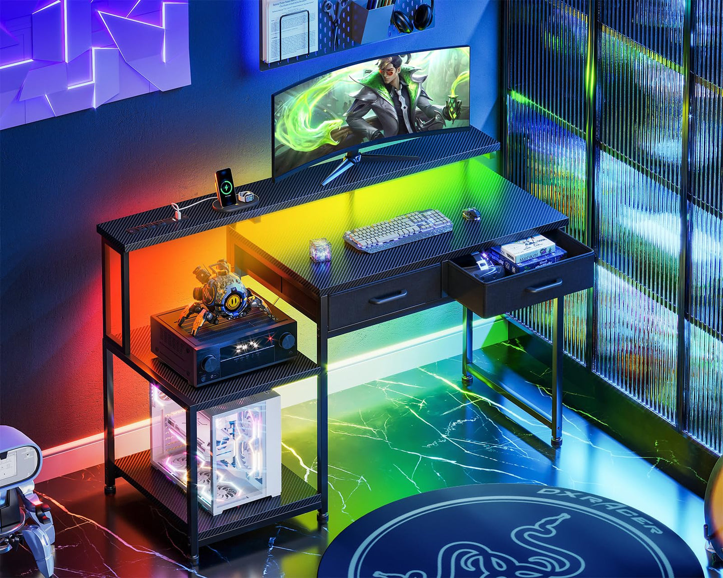 ODK Gaming Desk with Led Lights & Power Outlet, 48 Inch Computer Desk with Drawers, Office Desk with Large Display Storage Shelves, Reversible Desk with Monitor Stand for Home, Carbon Fiber Black