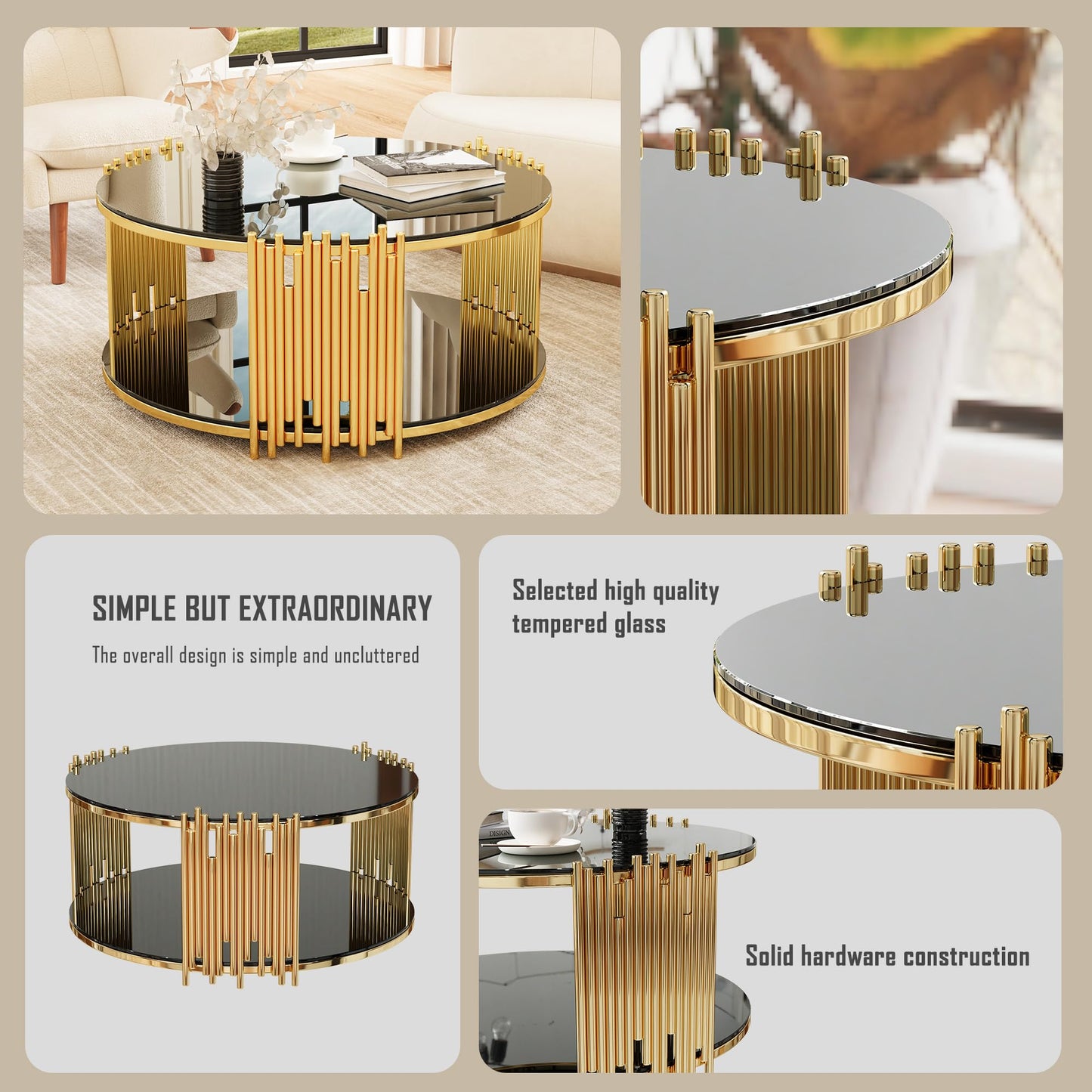 KUVADAZ Round Coffee Table with Gold Stainless Steel Base, 2-Tier Black Glass Coffee Table Center Table, Modern Coffee Table Circular Living Room Table Cocktail Tables, Circle Center Tables