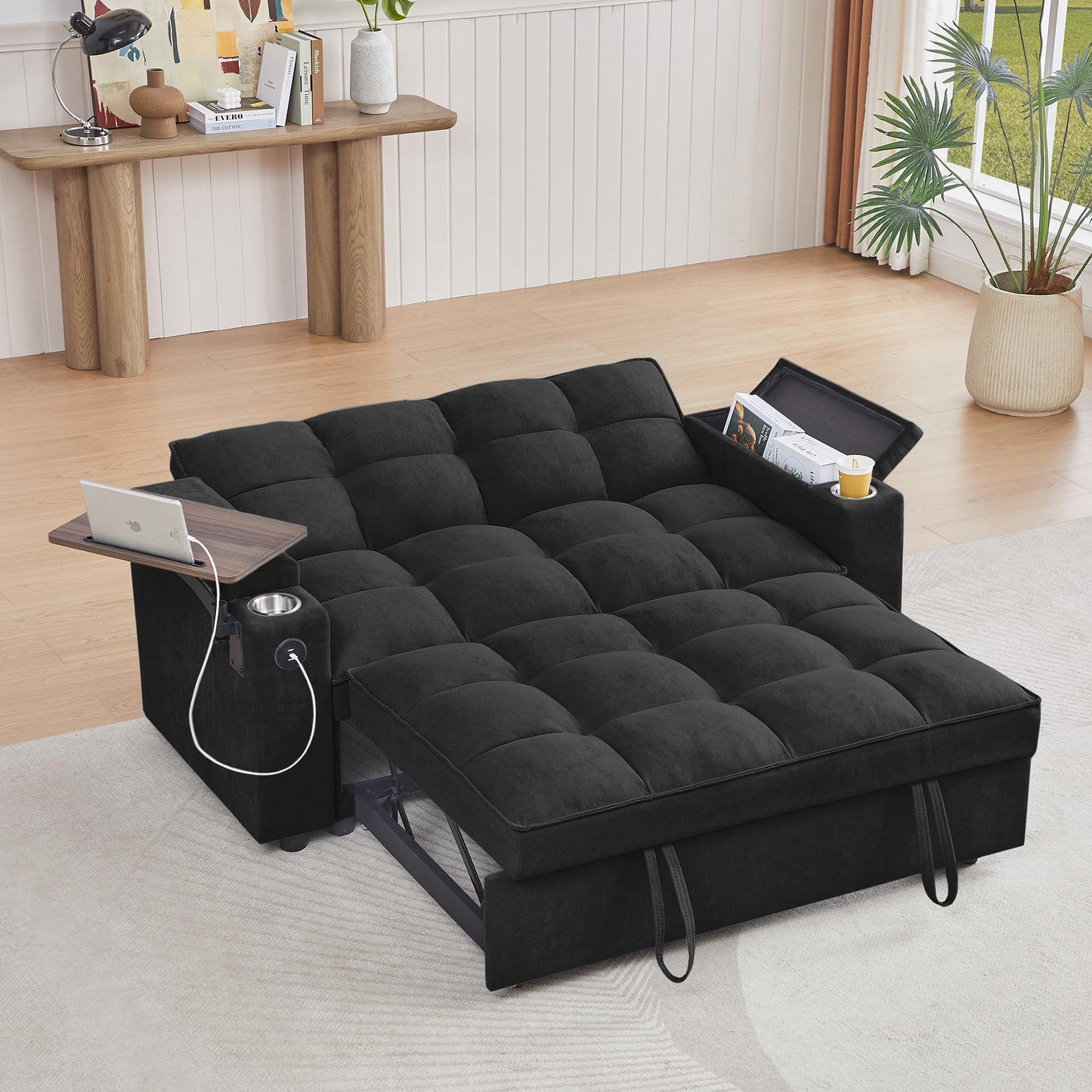 hansones 65'' 3-in-1 Folding Convertible Sofa Bed, Pullout Sofa, Modern Chenille Fabric, 360° Swivel Side Table, Easy Assembly, Perfect for Living Room, Black