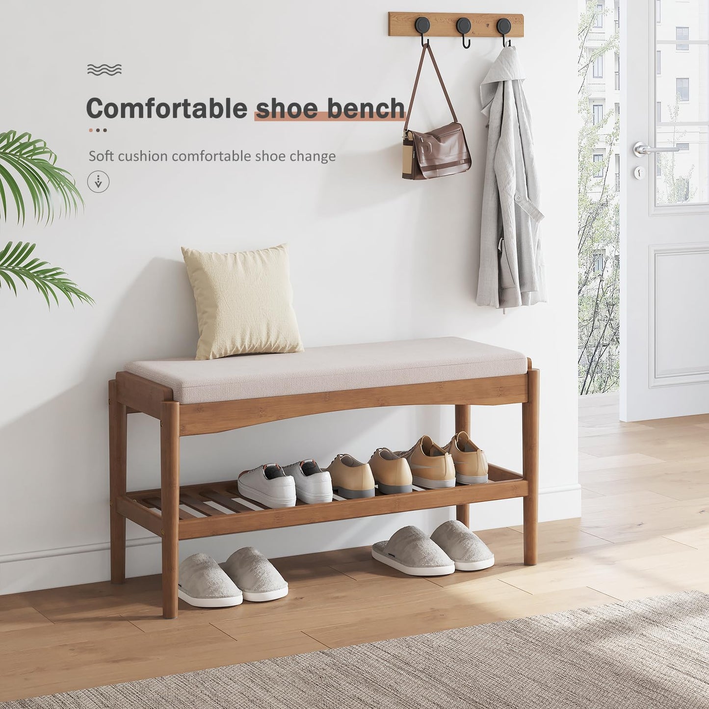 STDDRE Shoe Bench Entryway Bamboo 2-Tier Shoe Rack with Cushion Padded Seat Shoe Bench Organizer Stable for Entry, Hallway, Living Room, Bedroom, Closet (31.5 * 11.4 * 16.5IN, Brown-Beige)