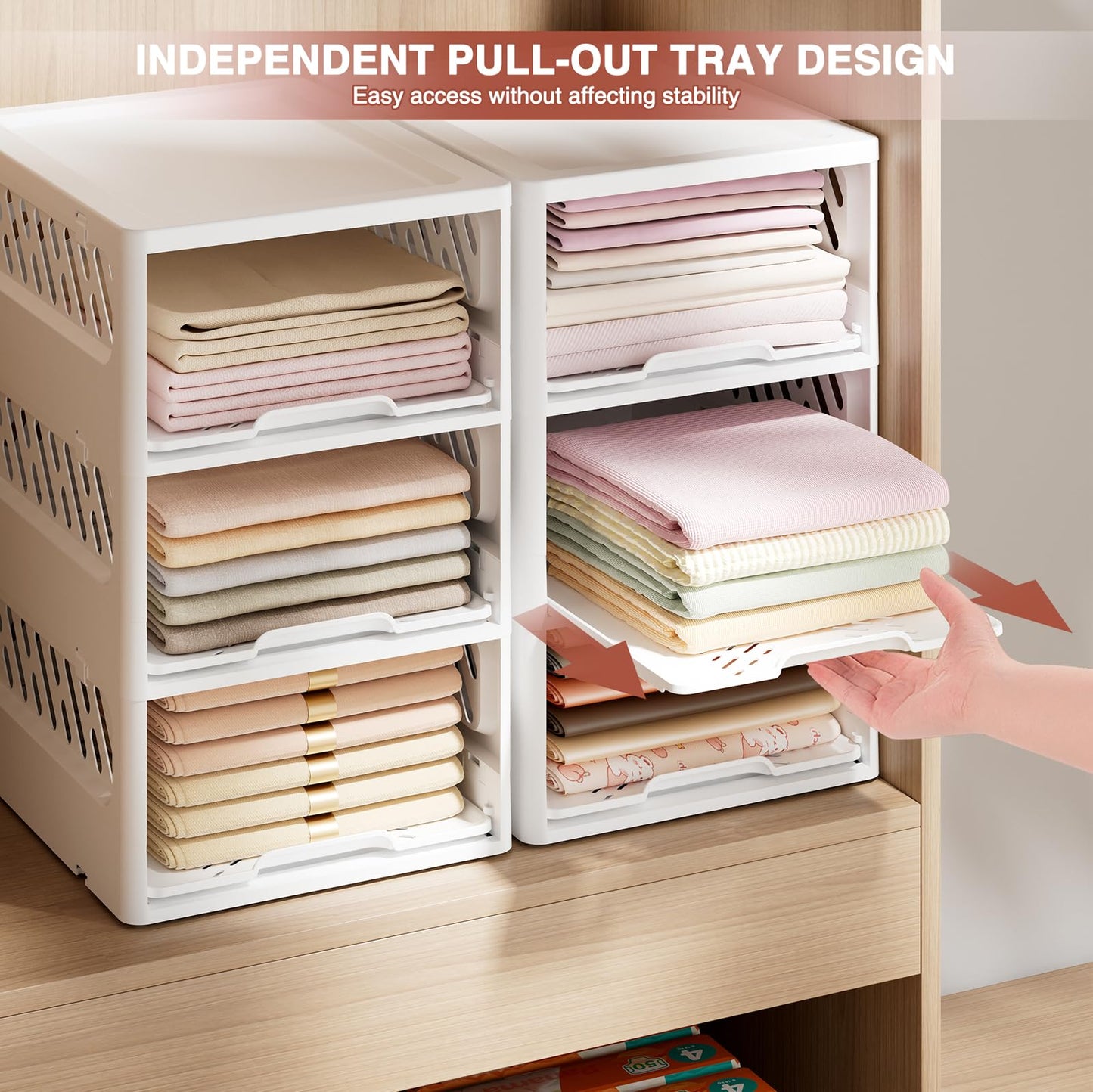 HYBRIDEAS Stackable Closet Organizer Box with lid Plastic Drawer Storage for Armoire and Wardrobe, Foldable Clothes and Towel Storage Basket Bins for Kitchen, Bedroom, Bathroom, Laundry Room, Clothing