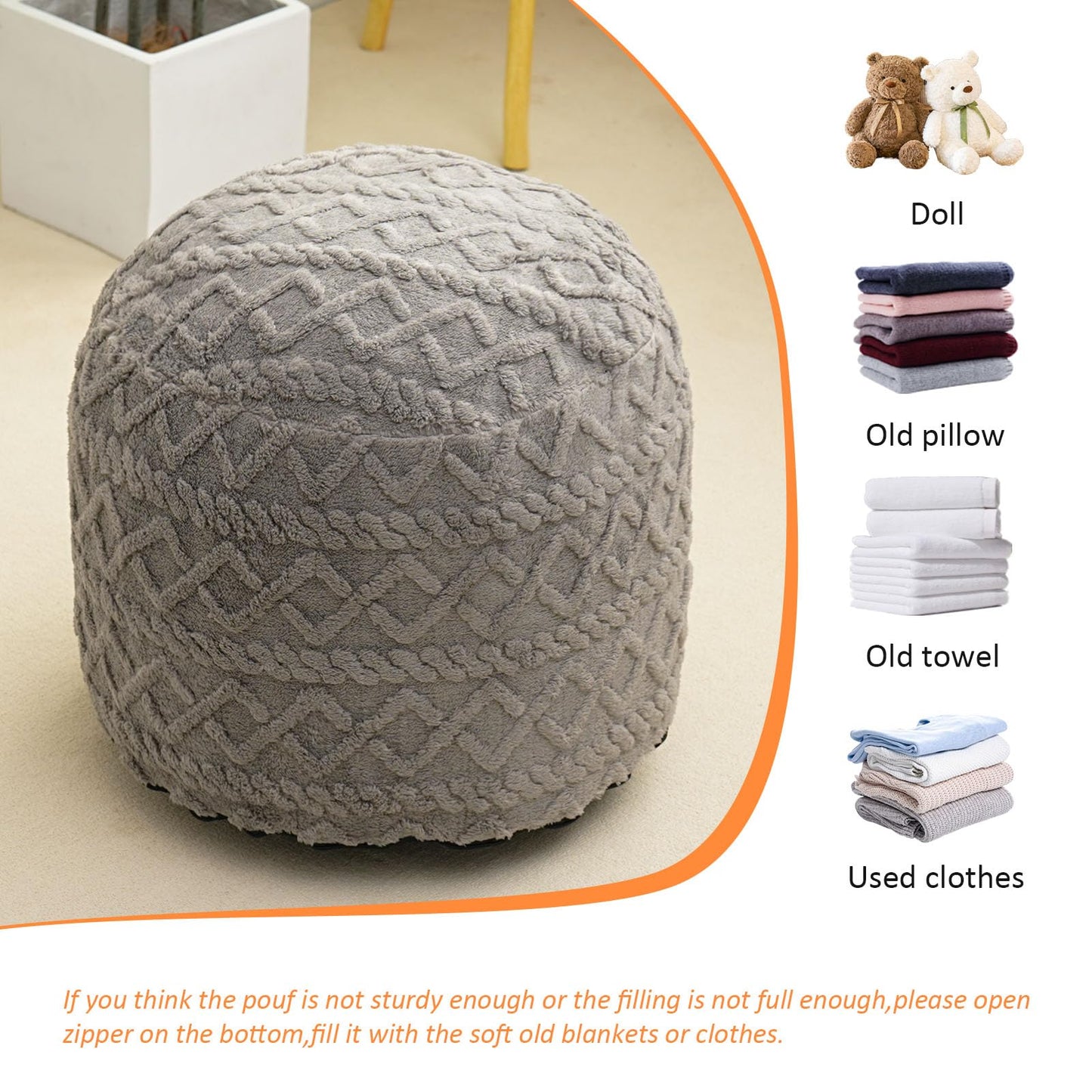 Round Stuffed Pouf Ottoman for Foot Rest, Faux Fur Poufs with Foam Chunk Filling, Storage Ottoman Pouf Foot Stool Cushion, 20 X 15 InchFloor Poufs Foot Rest for Living Room Bedroom Home Decor (Grey)