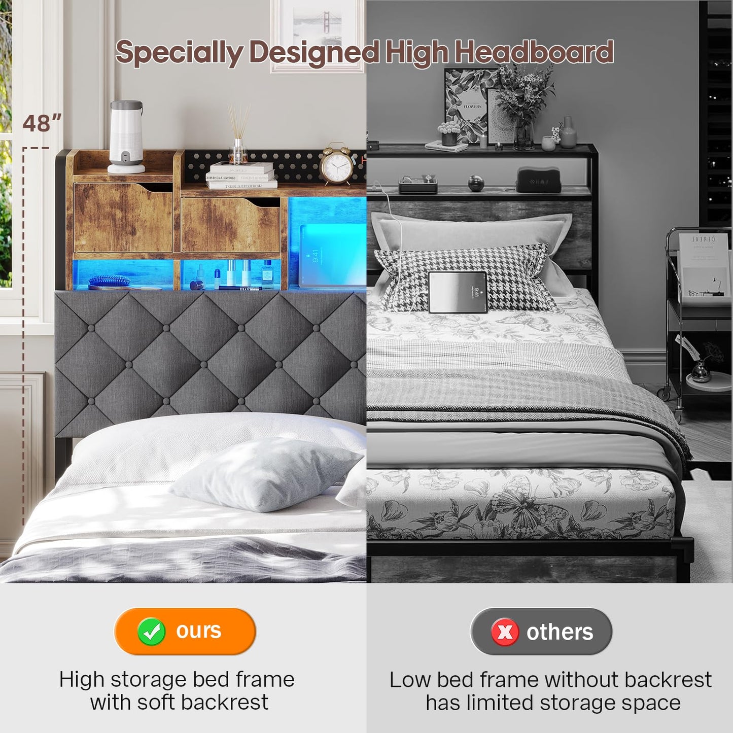 busyaeh King Size Bed Frame with Upholstered Storage Headboard, King Bed Frame with Smart LED Lights, Camas King Bed with Charging Station,Noise-Free, Metal Support, No Box Spring Needed, Gray