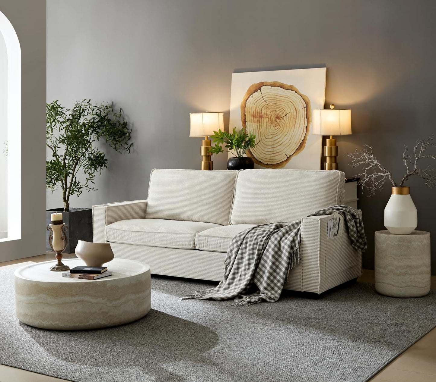 KEVINSPACE Travertine Coffee Table Round CoffeeTables for Living Room Modern Faux Marble Center Circle Table Concrete Accent Table Farmhouse Drum CoffeeTable for Apartment Bedroom Fiberglass ø31.5
