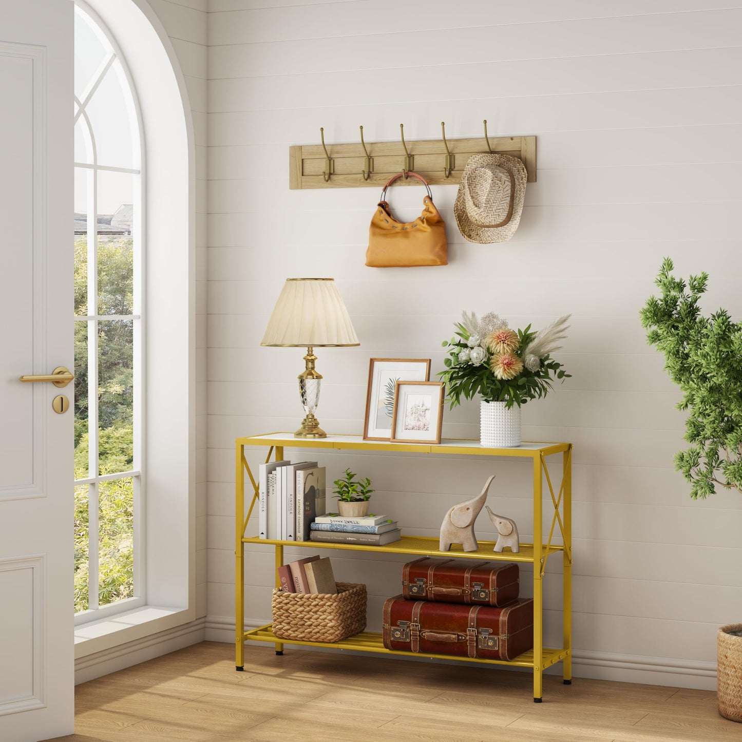 Hoctieon Gold Console Table, 3 Tier Entryway Table, Hallway Table, Narrow Sofa Table with Shelves, Entrance Table for Entryway, Gold and White