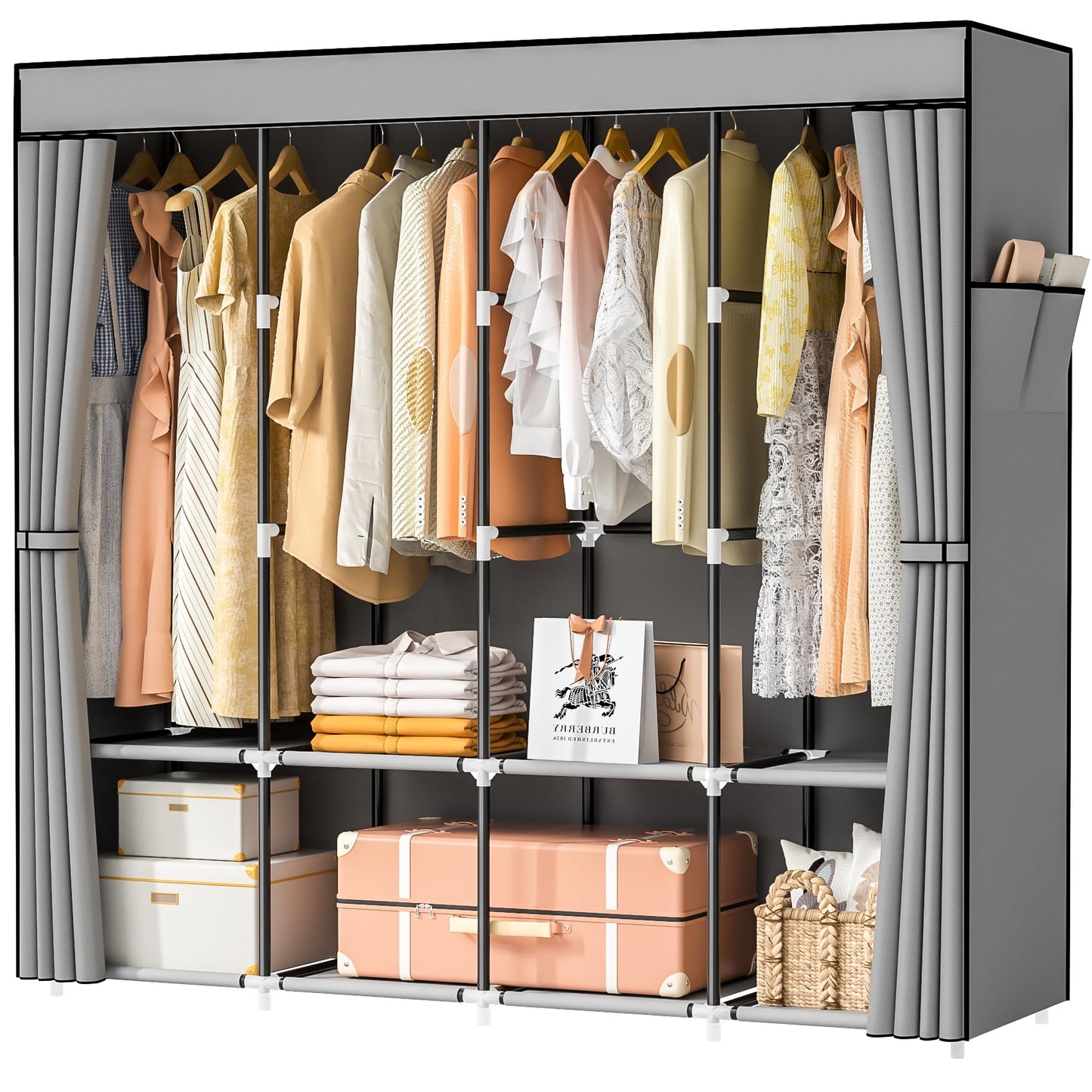 Neatrays Portable Closet, 66 Inch Large Capacity Wardrobe for Closet Organizers and Storage with Non-Woven Fabric Cover, 4 Hanging Rods, 8 Shelves (Gray)