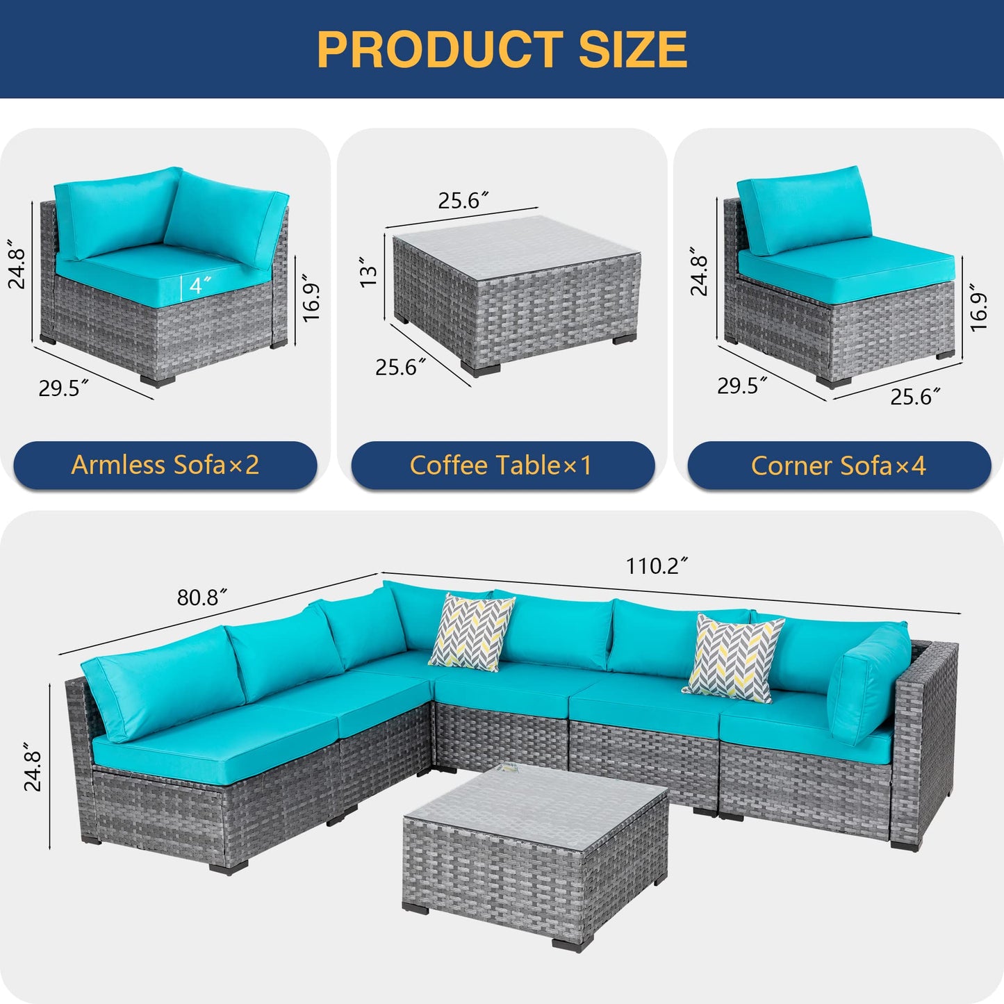 JAMFLY Wicker Patio Furniture 7 Pieces Conversation Sets, Outdoor Rattan Patio Sofa Porch Furniture Set with Washable Cushions and Glass Coffee Table (Light Blue)