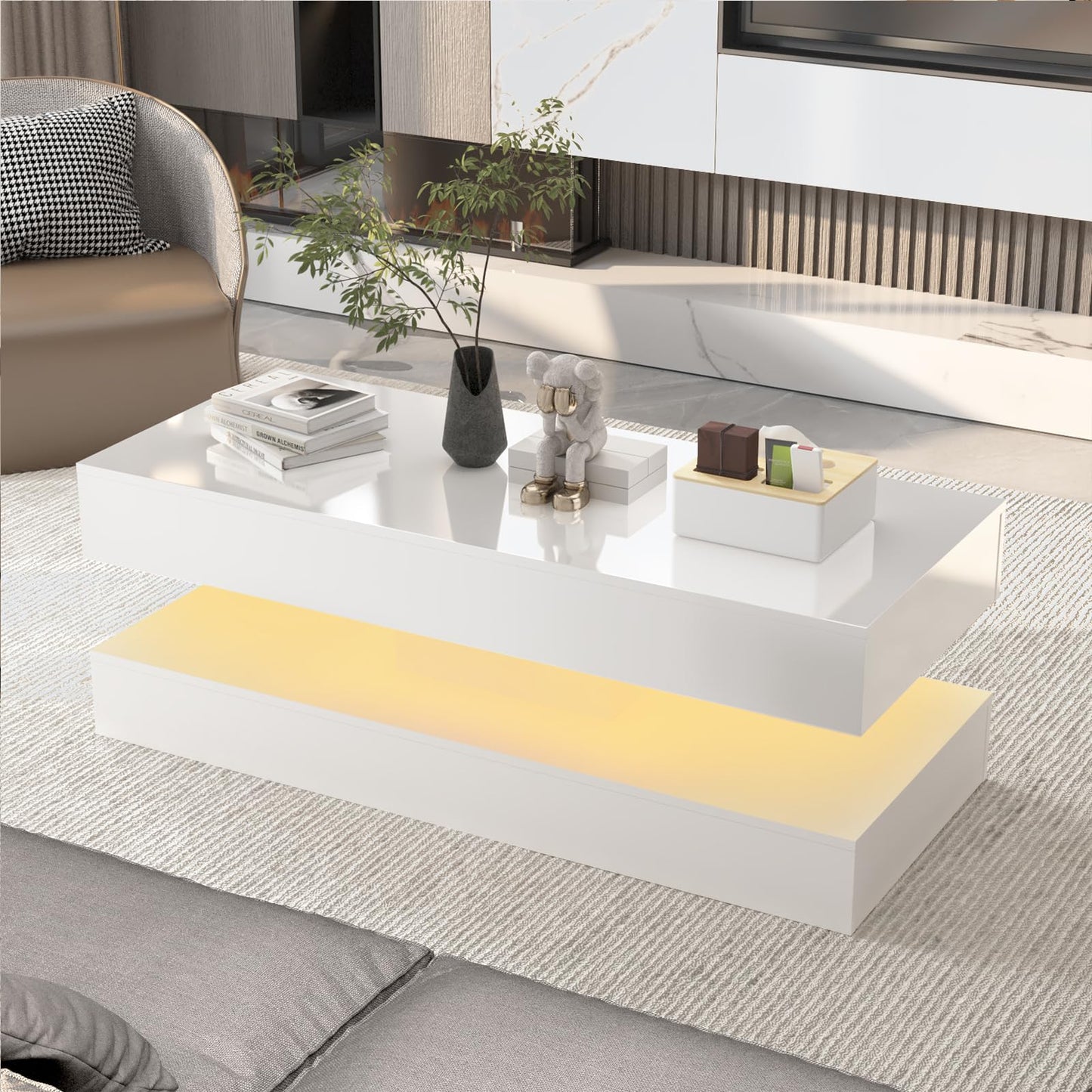 Uspeedy 47.3IN High Glossy LED Coffee Table,APP LED Lights,Black/White, Modern Furniture for Living Room (White)