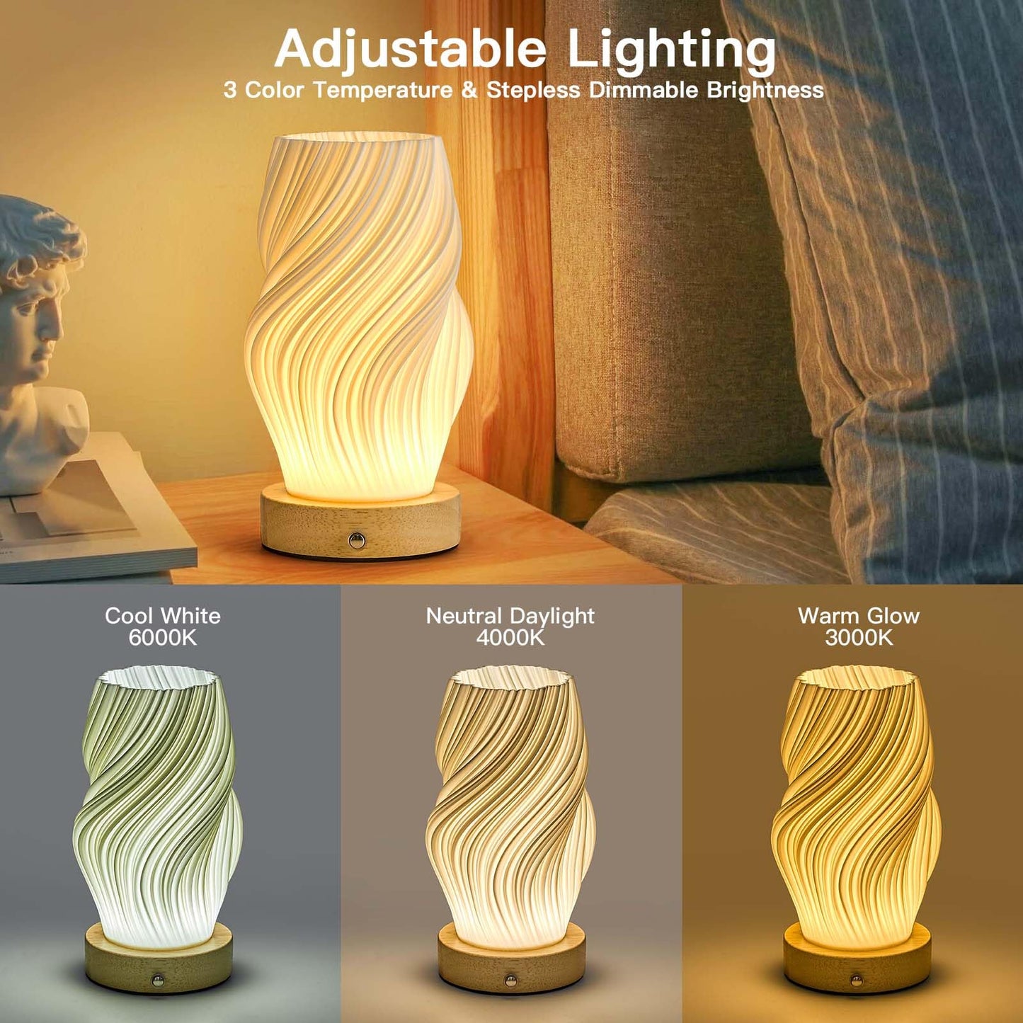 SisiHokai Small Battery Operated Lamp, Modern Table Lamp, Rechargeable, Touch Control, 3 Color Temperature, Dimmable, Bedside Table, Flame