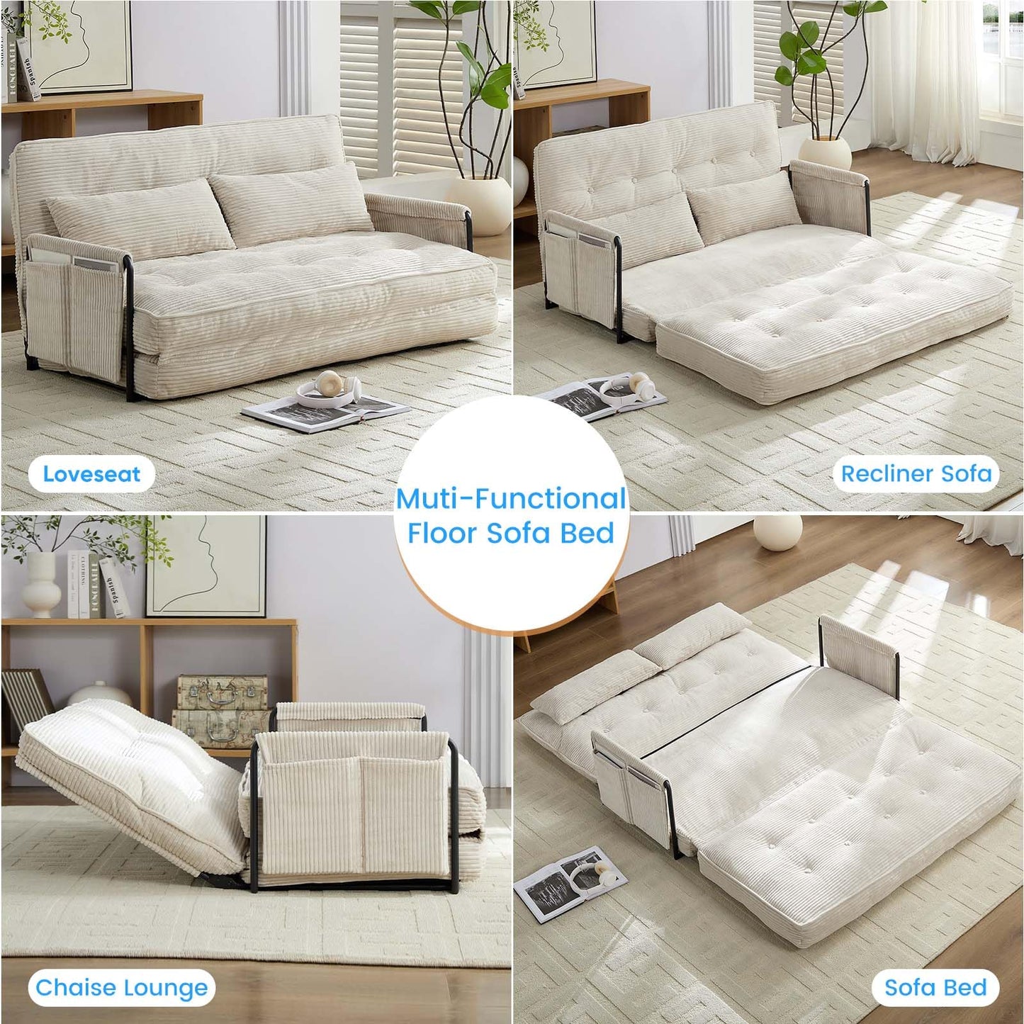 PUREMIND Adjustable Floor Sofa Couch with 2 Pillows, Convertible Pull Out Sofa Bed with Adjustable Backrest, Multi-Functional Lazy Armchair Sleeper Bed, Foldable Single Chairs for Living Room