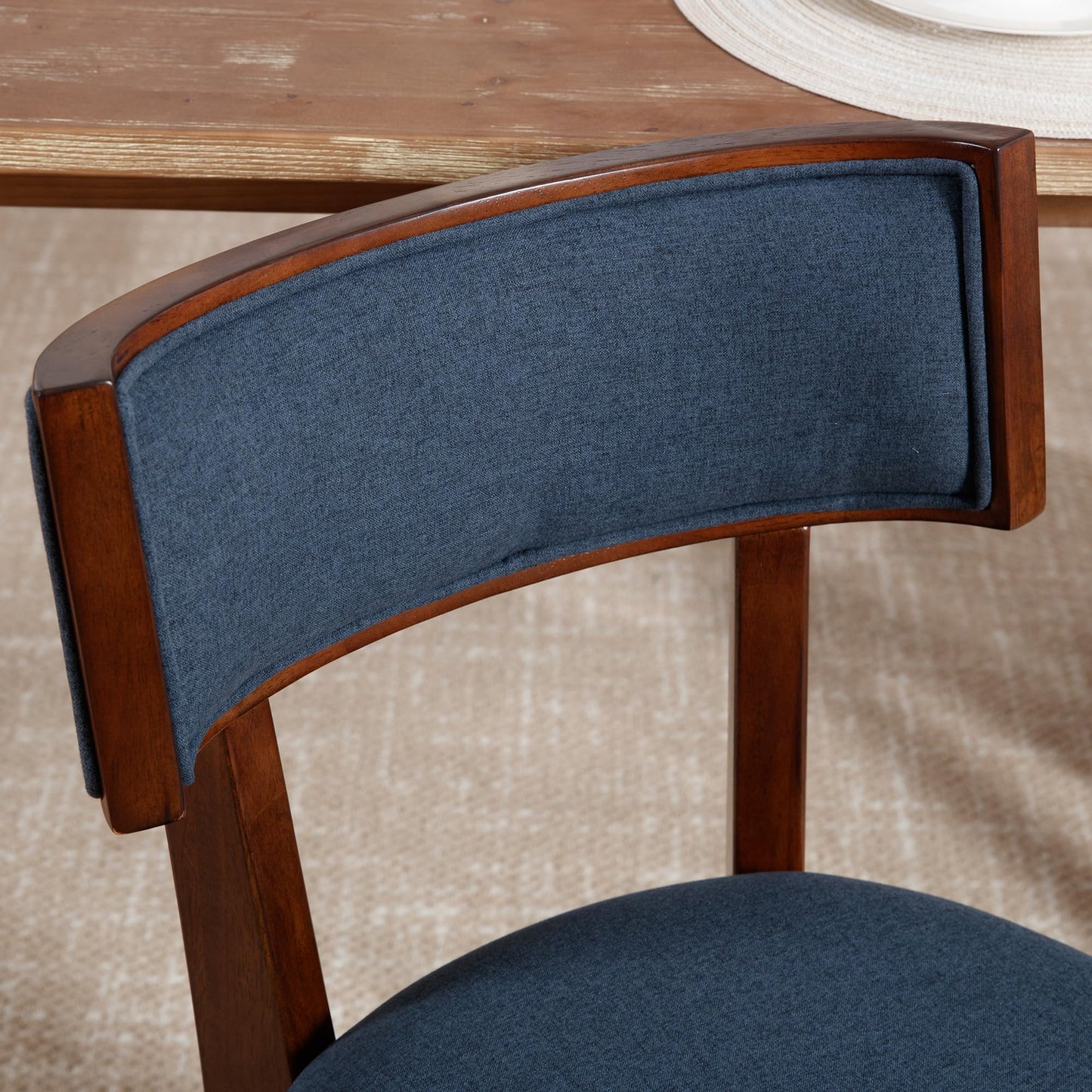 LZAREAL Mid Century Modern Dining Chairs Set of 2 Farmhouse Dining Room Chairs with Curved Backrest Dining Chair with Walnut-Colored Wood Legs for Kitchen Dining Room Home, Linen Fabric, Blue