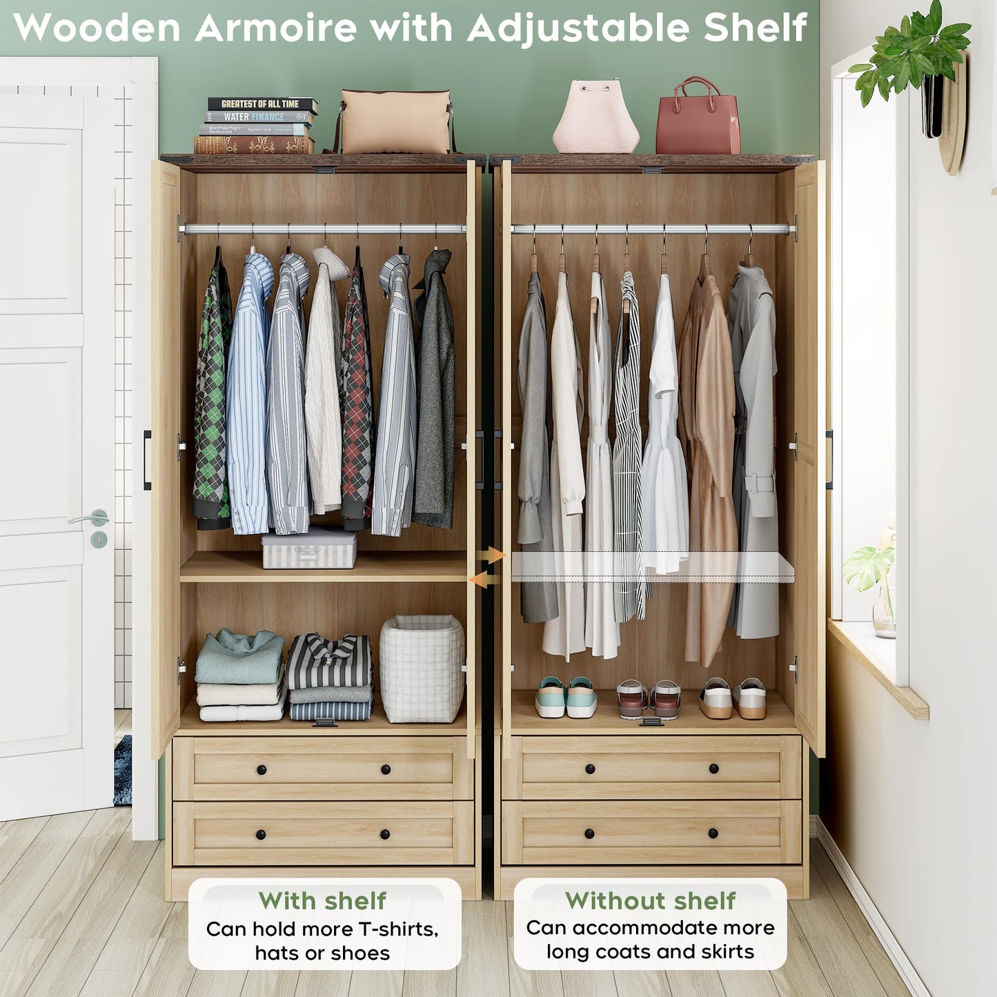 Yechen 71" Wooden Armoire Wardrobe Closet - Modern Functional Clothes Tall Storage Cabinet with Adjustable Shelf and Hanging Rail, Sturdy Freestanding Closet Wardrobe with 2 Wide Drawers (Natural)