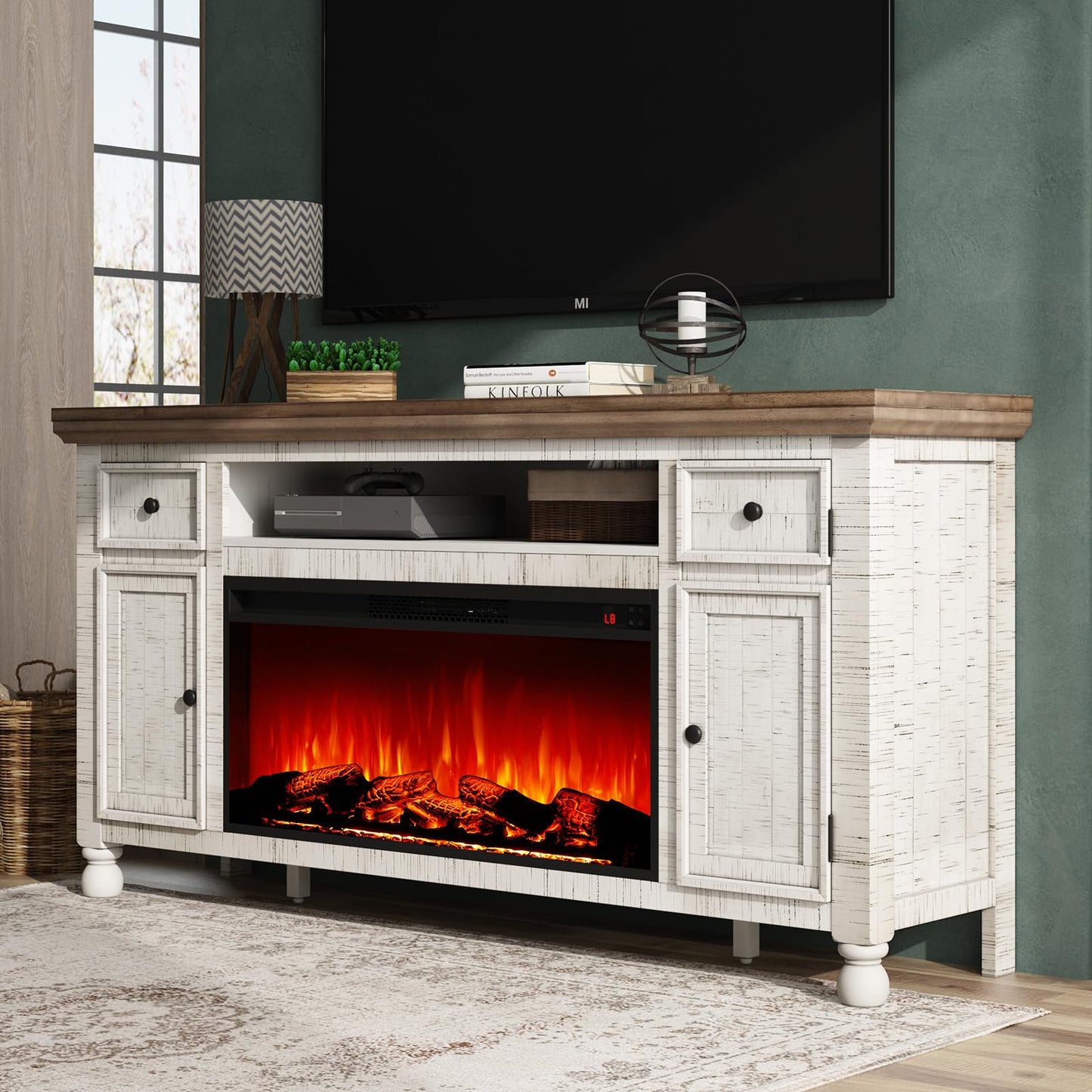 AMERLIFE 70”Fireplace TV Stand for TVs up to 75”, Farmhouse Entertainment Center with 36”Electric Fireplace Insert, Solid Wood Media Console with Storage, Distressed White