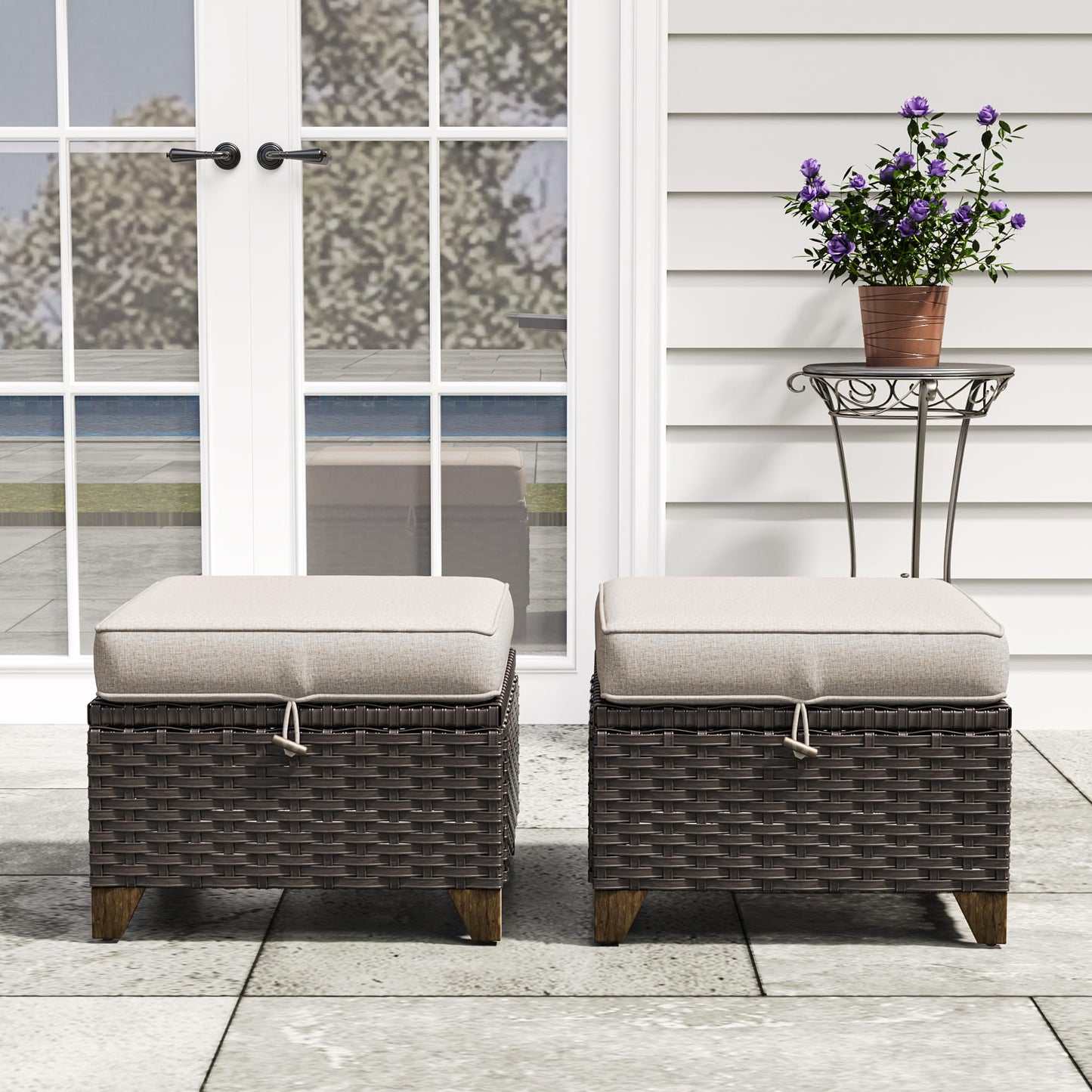 MeetLeisure 2 Pieces Patio Outdoor Ottomans with Removable and Washable Covers，PE Rattan Wicker Footstools for Porch, Garden, Sunroom (Beige)
