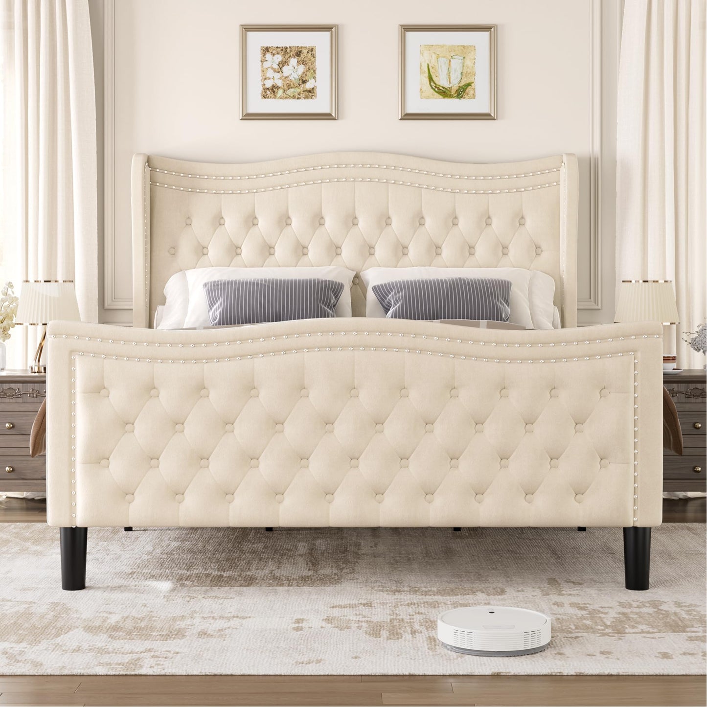 Generic Full Bed Frame, 52"" Headboard Upholstered Bed with Tall Footbaord, Velvet Upholstered Deep Button Tufted Wingback Platform Bed, No Box Spring Required/Wood Slat Support/Beige