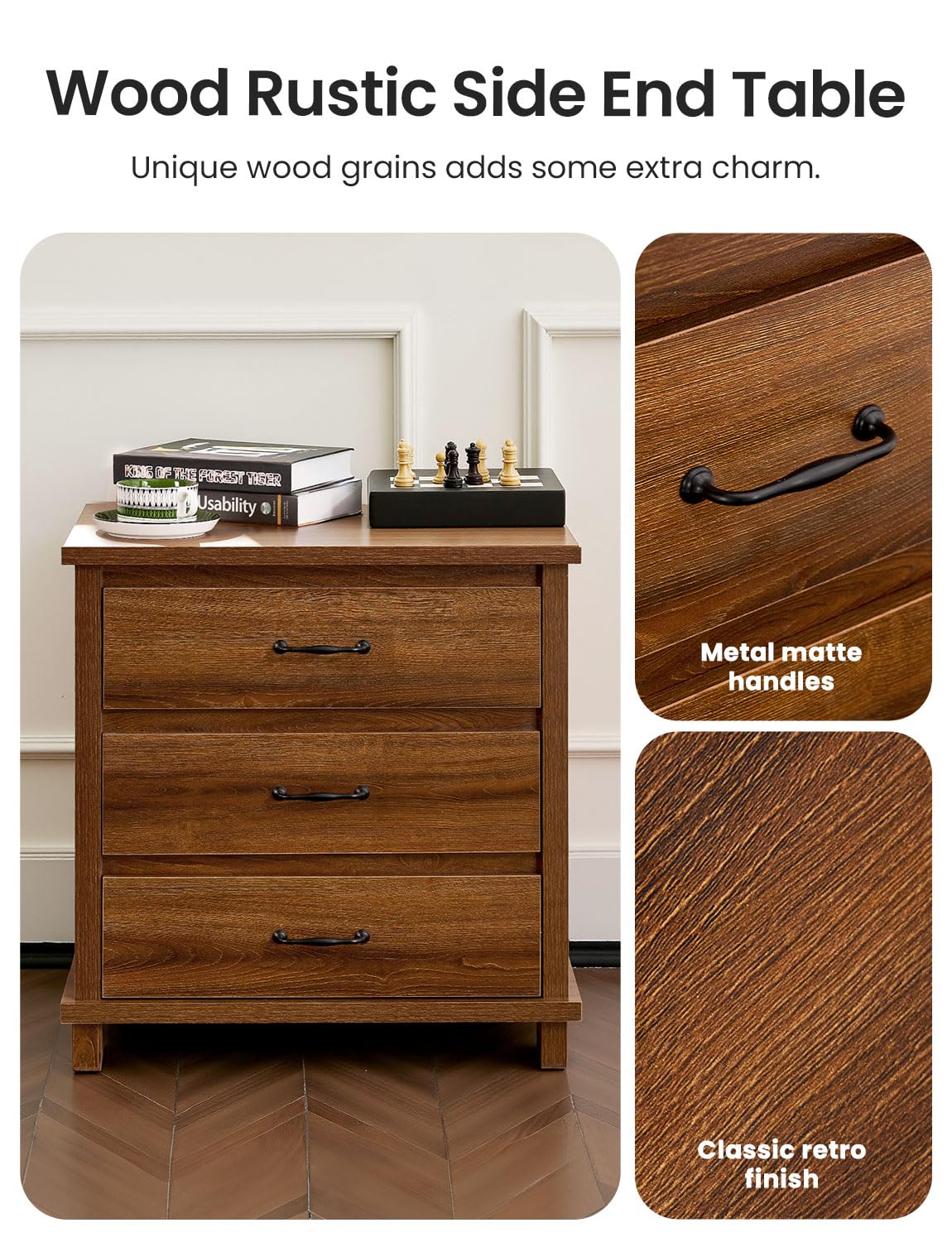 Miscoos Night Stand Set 2, Wooden End Table, Rustic Night Stands for Bedrooms Set of 2, Tall Bedside Table with Drawers for Bedroom, Home Office
