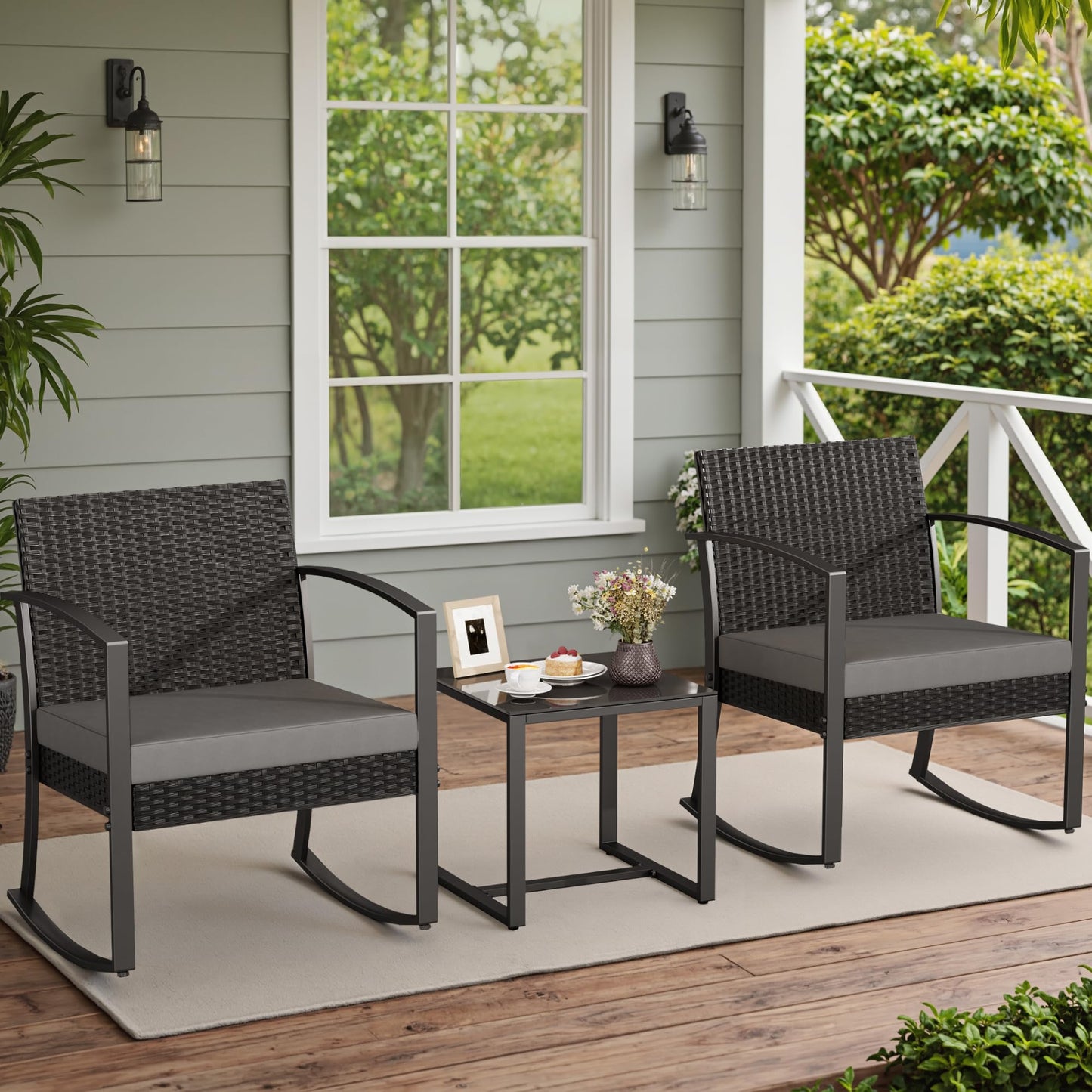 Greesum 3 Piece Patio Furniture Set, All-Weather Imitation Rattan Conversation Set, Outdoor Rocking Chair Bistro Set with Glass Top Coffee Table for Pool, Deck, Porch, Garden or Balcony, Grey