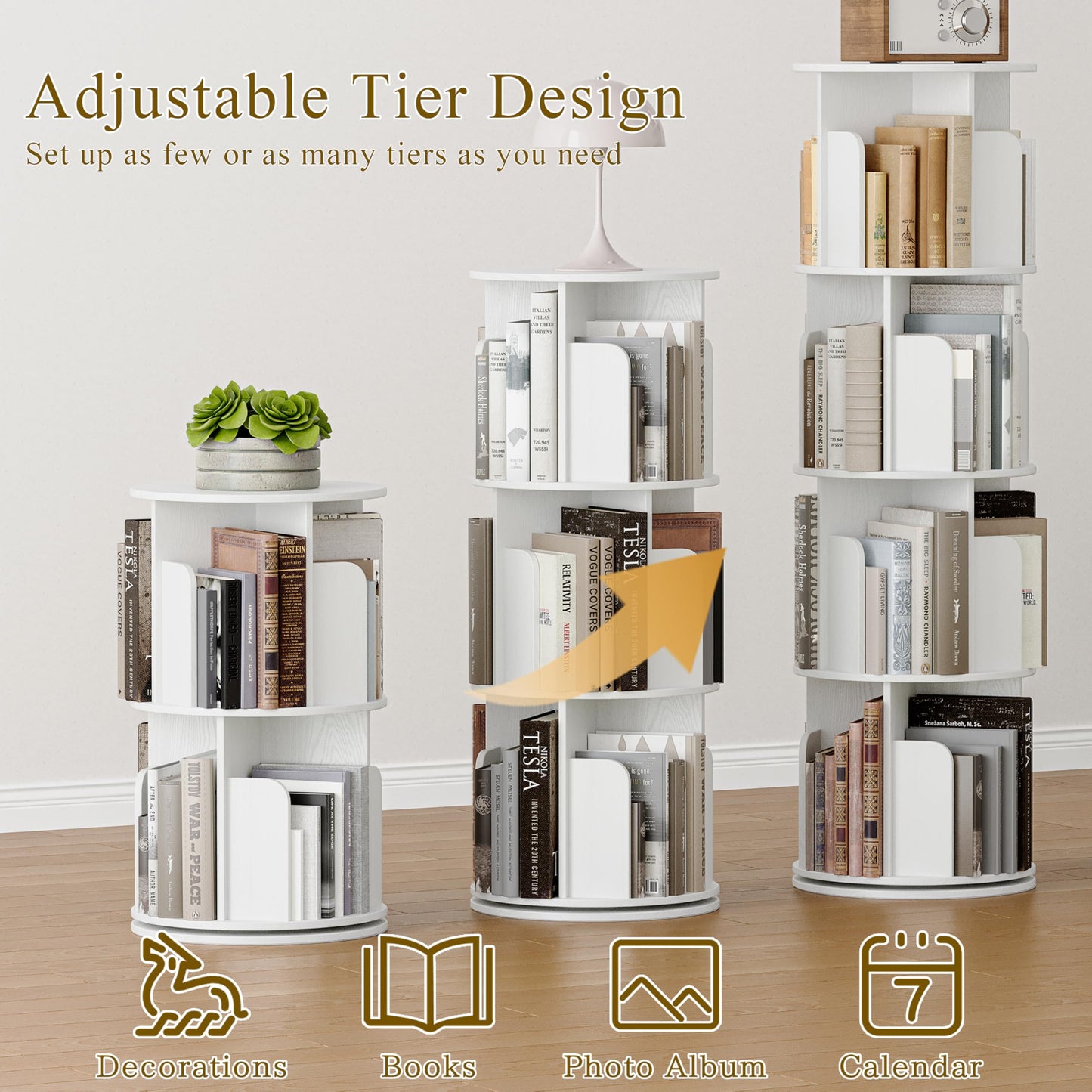 VDNEND Wooden 4 Tier Rotating Bookshelf, Spinning Bookshelf Tower,Modern Revolving Small Bookcase for Corner,Living Room,Bedroom (Embossed White, 4-Tier)