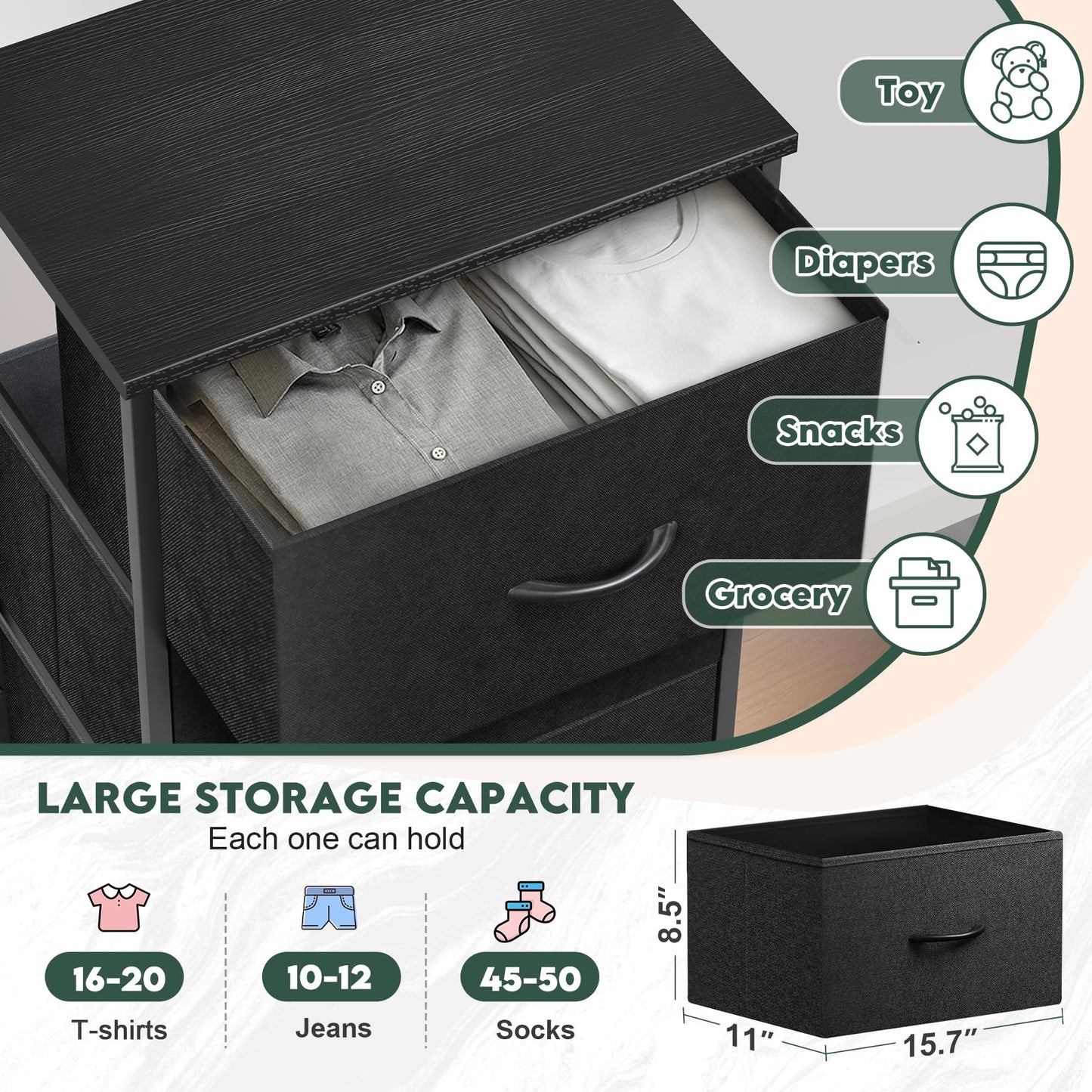 Sonharlar 5 Fabric Drawer Dresser for Bedroom, Chest of Drawers with Waterproof Wood Top Tall Dresser for Hallway, Living Room, Kid Room (Black and Charcoal Black)