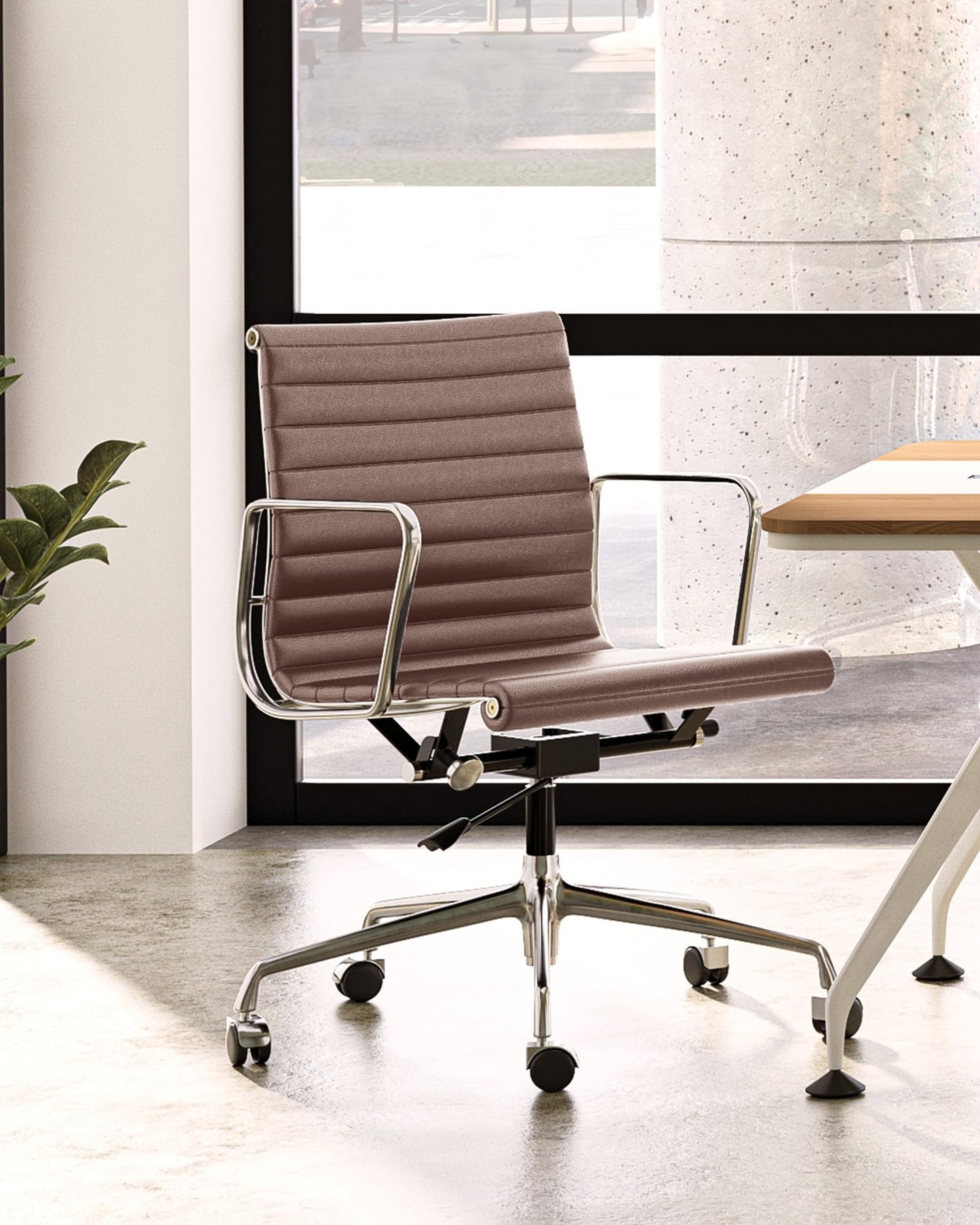 OTDMEL Ribbed Office Chair with Genuine Leather Contact Surfaces - Mid Back Ergonomic Desk Chair with Aluminum Arm Rest and 5-Star Base, Faux Leather Accents & Back Side, Swivel Chair Brown