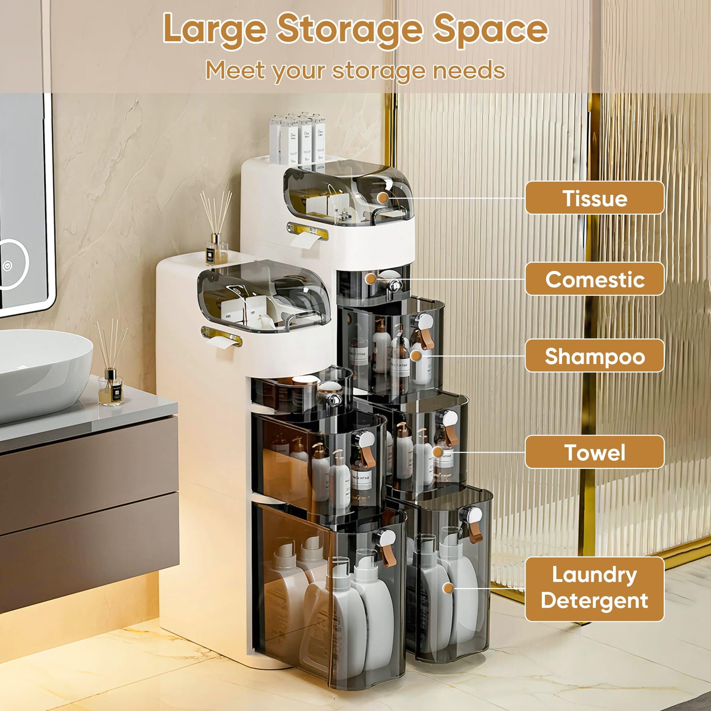 MOSAMNI 4-Tiers Slim Bathroom Storage Cabinet, Waterproof Narrow Storage Cabinet with Drawers for Small Spaces, Bathroom, Kitchen, Laundry, Living Room