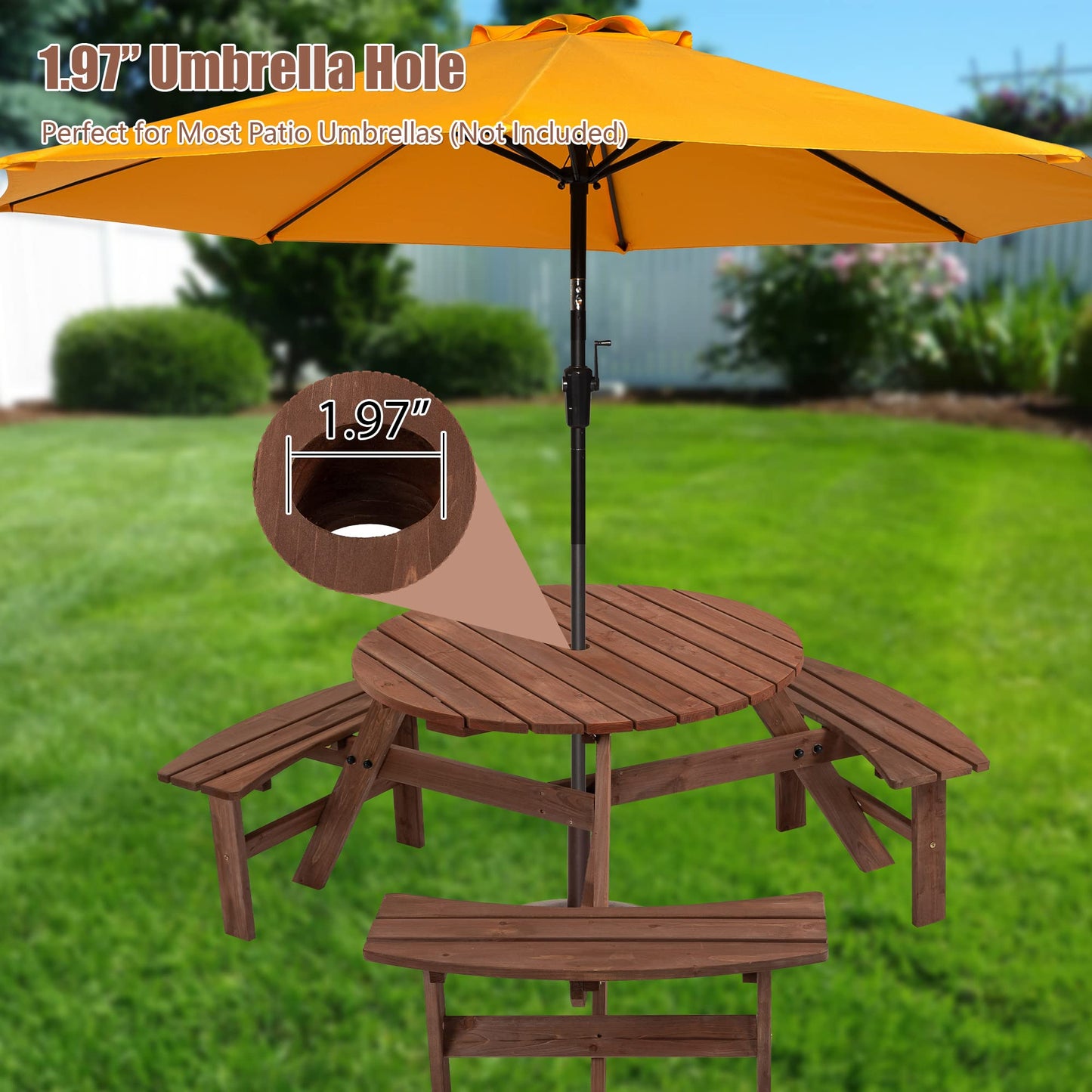 SSLine 6-Person Solid Wood Picnic Table Outdoor Round Picnic Table and Bench Set with Umbrella Hole Outside Wooden Table and Chairs Set for Patio Backyard Garden Lawn (Dark Brown)