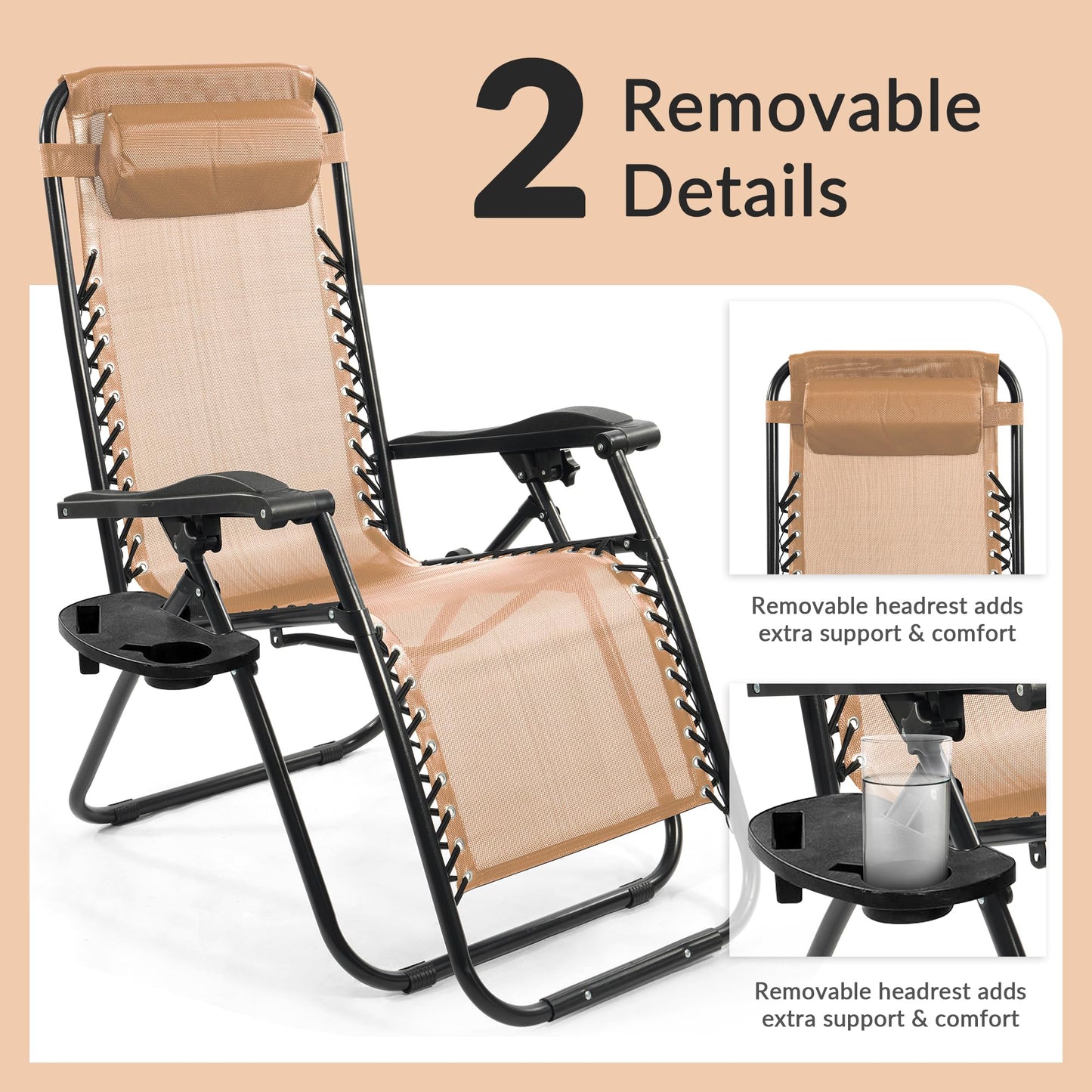 Elevon Zero Gravity Chair Set of 2 with Cup Holder & Removable Pillows, Adjustable Reclining Outdoor Patio Folding Chairs Portable Lounge Chair Furniture for Poolside, Lawn, Beach, Camping, Beige
