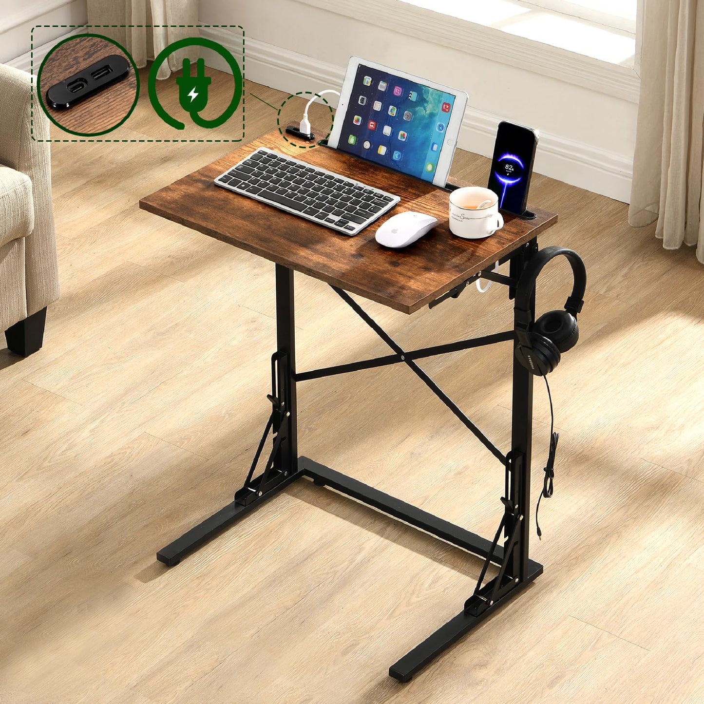 GugiNest 21''Wx28''H Folding TV Tray, Small C-Shaped End Table with Devices Slots and USB Charging Station, Slide Under Couch Side Table for Living Room, Bedroom, Rustic Brown