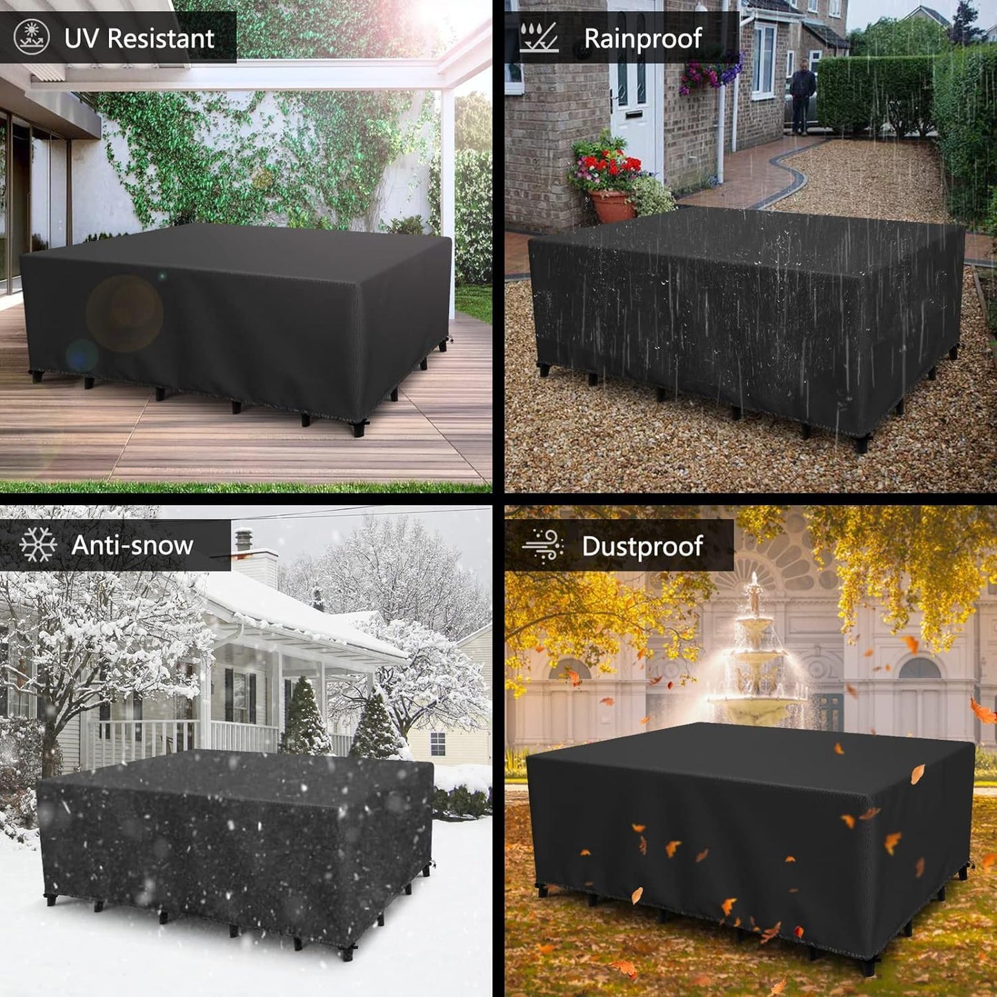 Patio Furniture Covers Outdoor Table Cover Waterproof Rectangular 420D Garden Dining Table Cover Wind Dust Proof Anti-UV Patio Sectional Couch Cover Table and Chair Set Covers 90"Lx65"Wx28"H Black