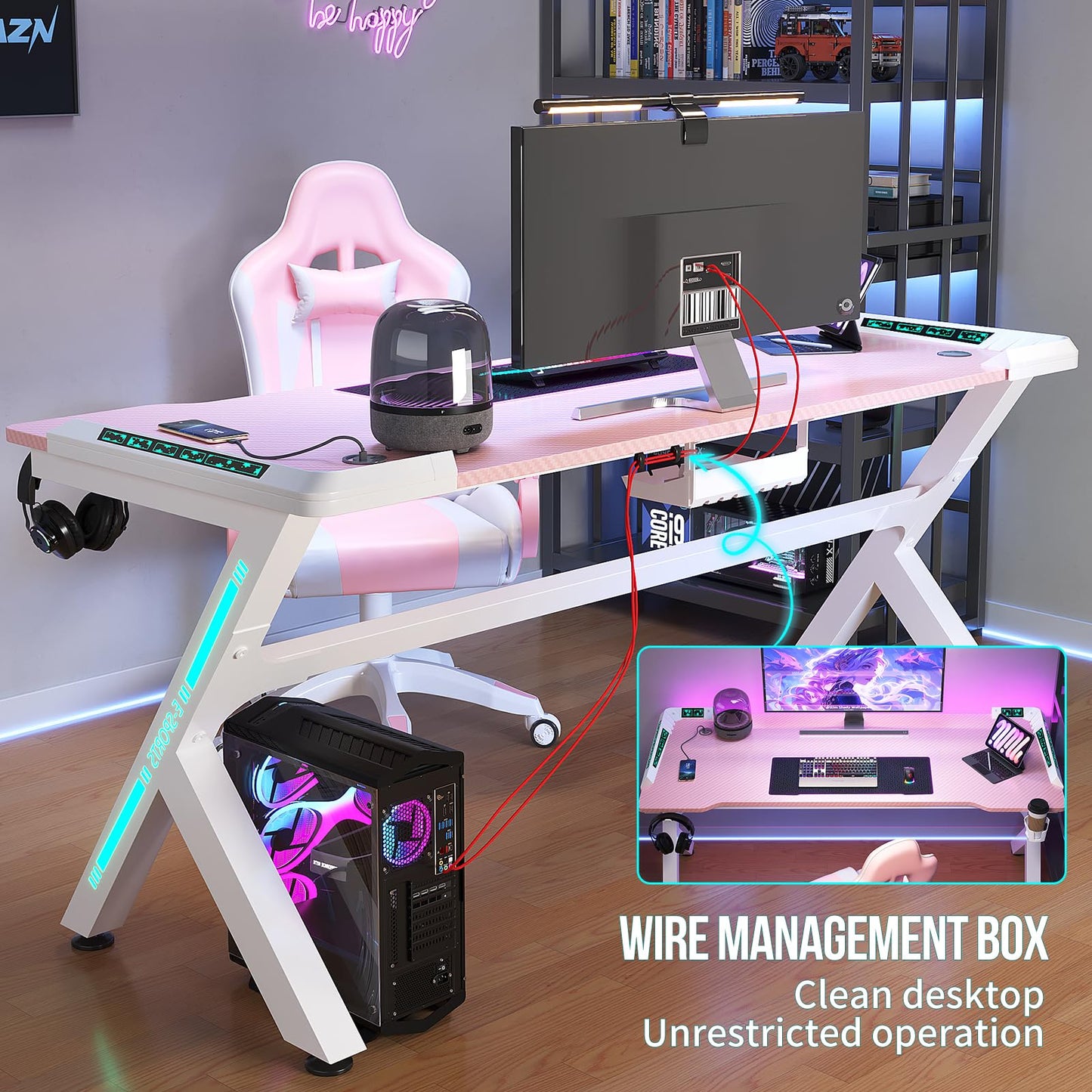 AZN Gaming Desk with LED Lights, Home Office Desks, Computer Desk Gaming Small Desk for Bedroom, Study Table with USB Charging Ports (Pink, 55 Inch)