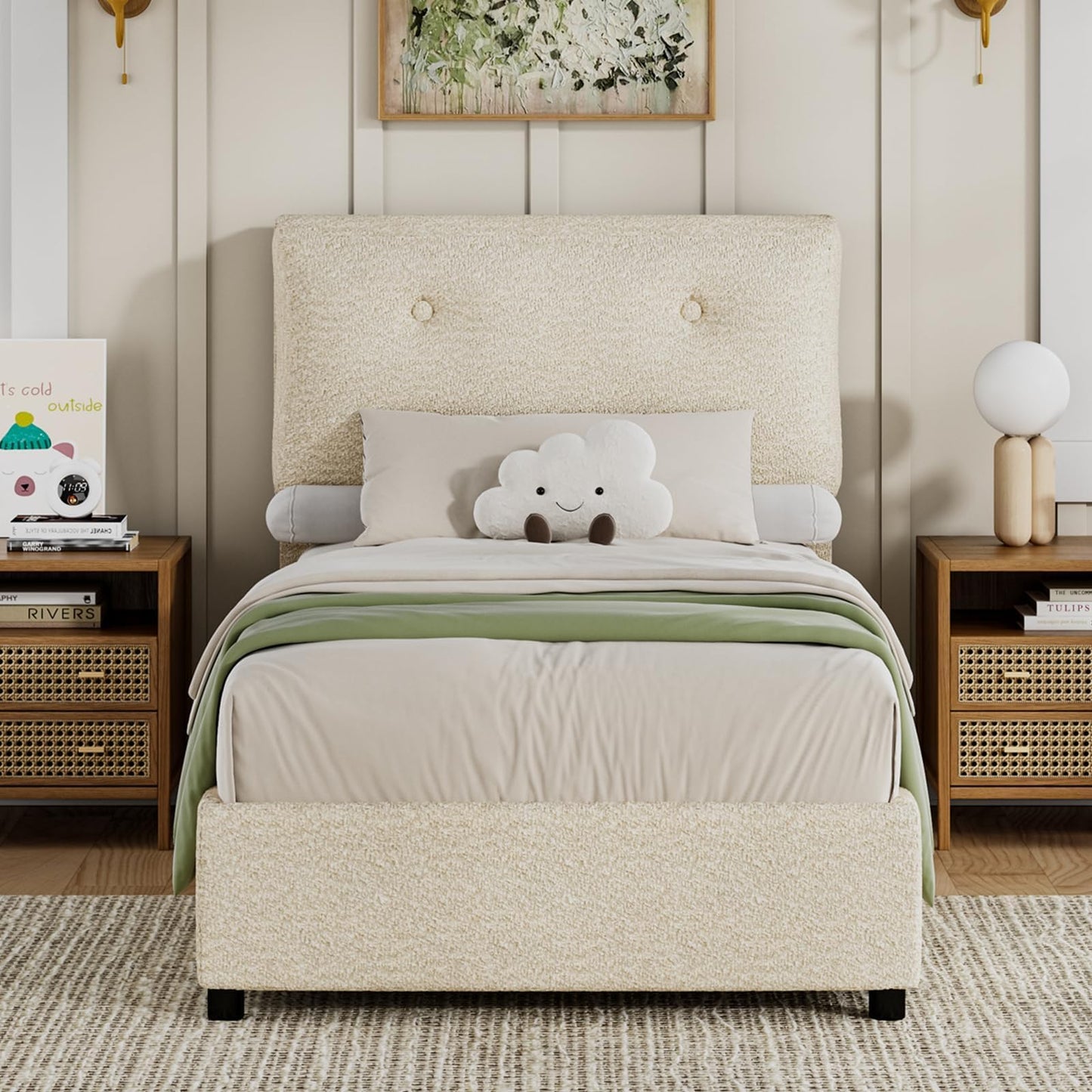 CHABUILDREARK Twin Bed Frames, Boucle Upholstered Platform Bed Frame with Soft Headboard, Wooden Slats Support, Low Profile Bed Frame, No Box Spring Needed, Easy Assembly, Cloud Bed Frames, Cream