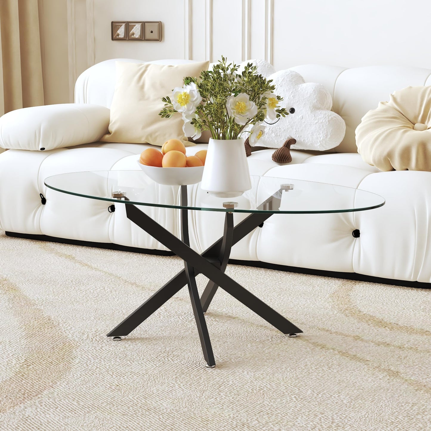 GOLDFAN Oval Coffee Table Modern Living Room Table with Tempered Glass Top and Black Metal Legs Contemporary Stylish Center Table Tea Table for Living Room Bedroom