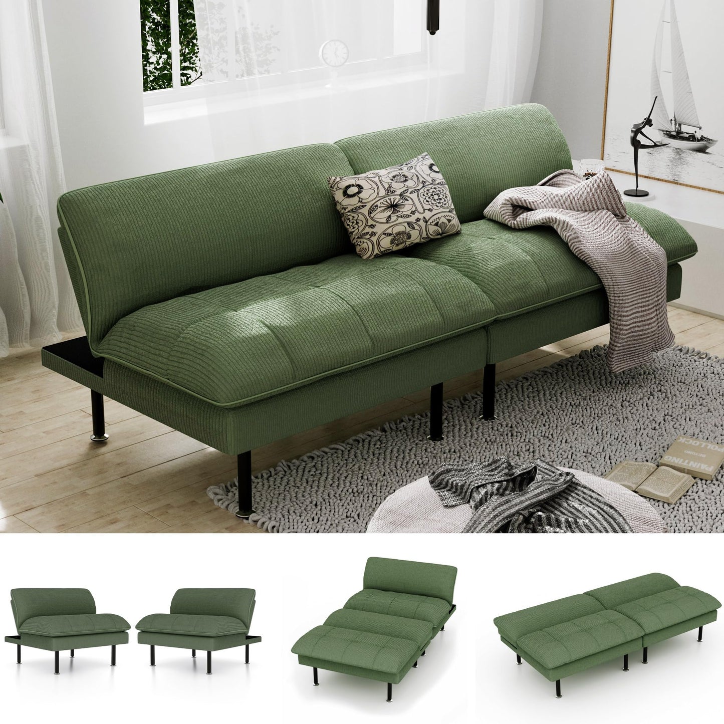 Ribilake 70" Futon Sofa Bed, 4 in 1 Multi-Function Couch Sleeper with Adjustable Backrest, Modern Convertible Futon, Recliner Small Loveseat for Living Room, Dorm, Green