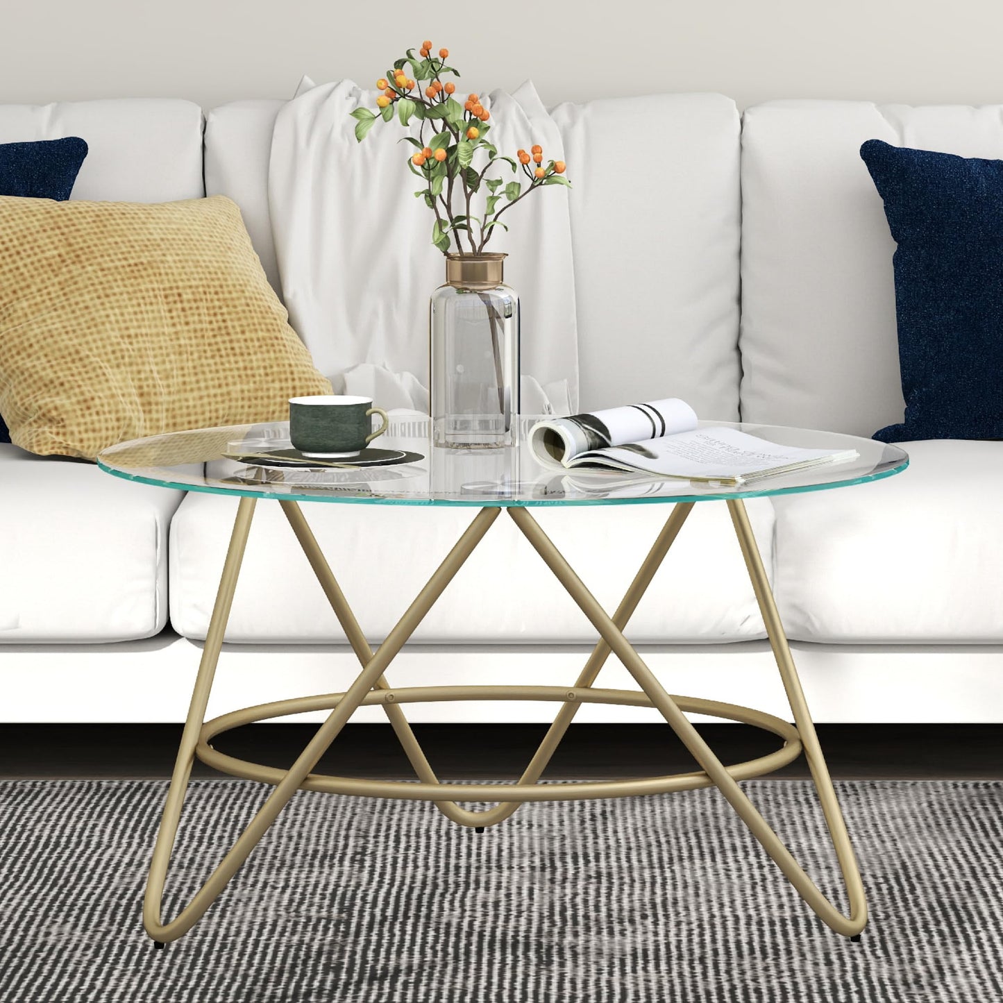 OIOG Round Coffee Table, Glass Coffee Table for Living Room, Bedroom, Home Office, Modern Coffee Table with Tempered Glass Tabletop, Gold